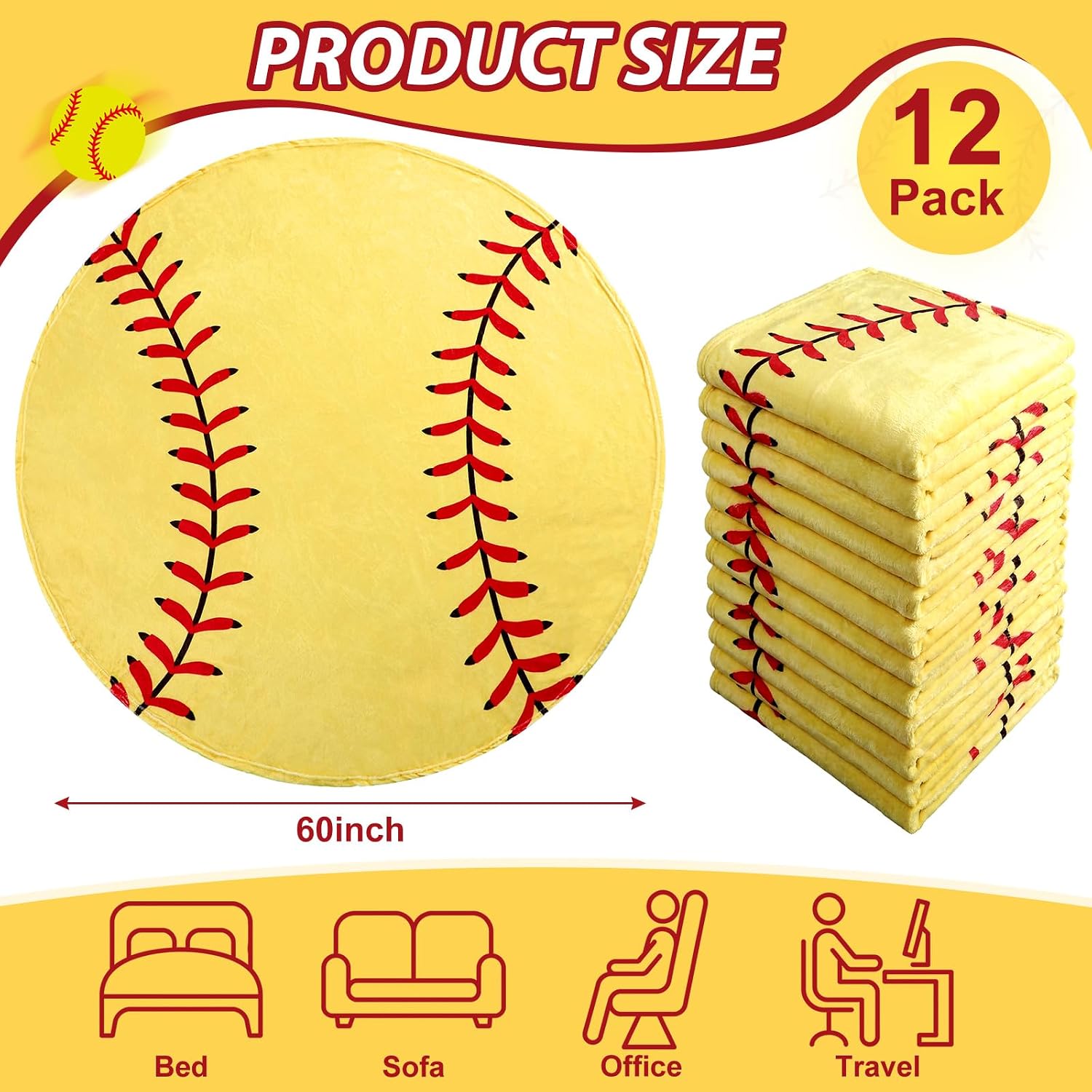 Eurzom 12 Pcs Softball Throw Blankets Bulk for Teens Adults 60' Round Soft Flannel Sport Ball Blanket Team Gift for Softball Lovers Coaches Players Senior Night Birthday Party Supplies