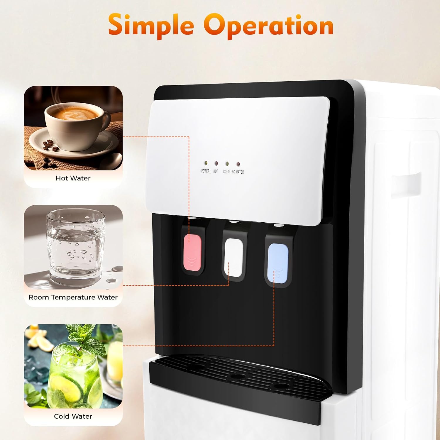 Bottom Loading Water Cooler Dispenser for 5 Gallon Bottle, Standing Water Cooler with 3 Temperature Settings (Hot, Cold & Room Water) and Indicator Lights for Home Office Use (White)