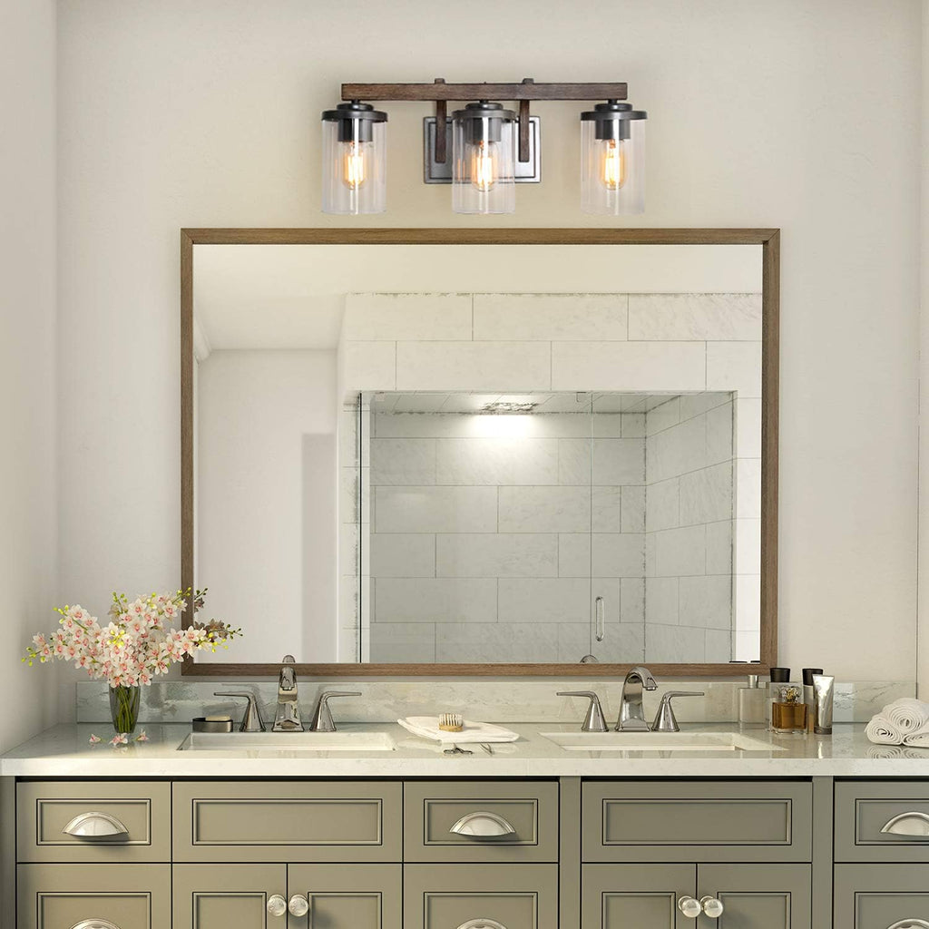 LALUZ Bathroom Vanity Light Fixtures, 3-Light Farmhouse Vanity Light with Clear Glass Shades, Faux Wood, 20'' L x 6.3'' W x 8.7'' H