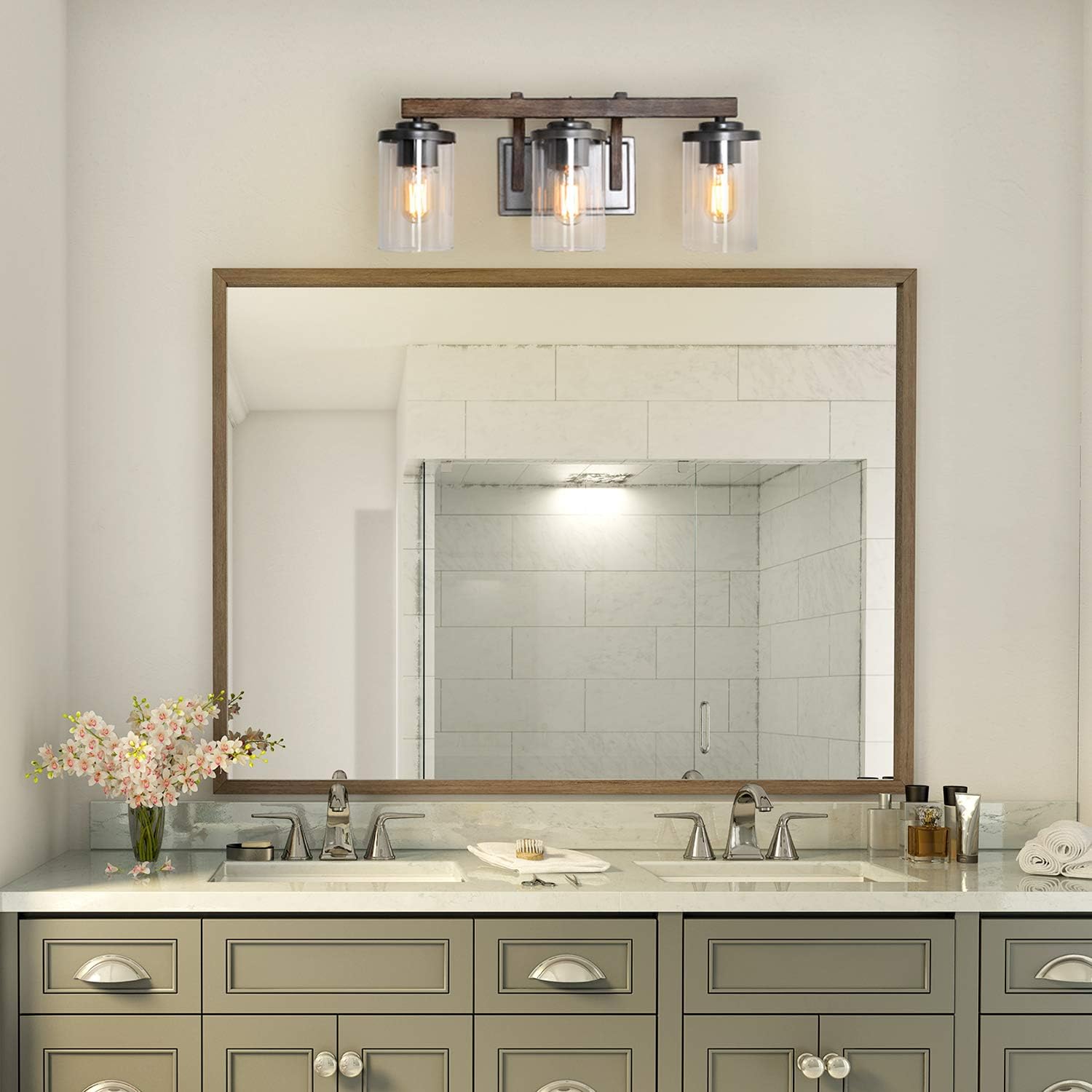 LALUZ Bathroom Vanity Light Fixtures, 3-Light Farmhouse Vanity Light with Clear Glass Shades, Faux Wood, 20'' L x 6.3'' W x 8.7'' H