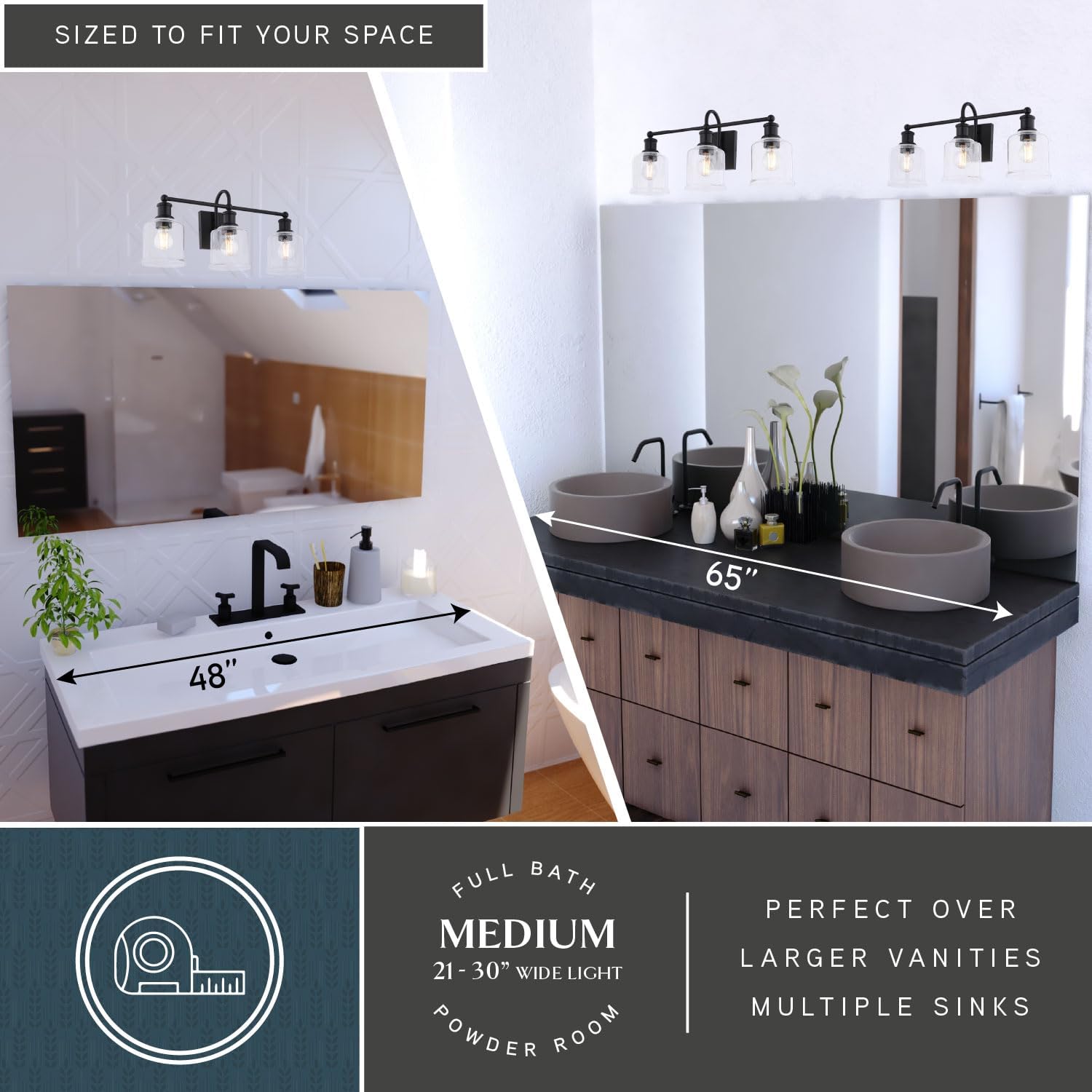 VAXCEL Northbrook 3-Light 24 in. Wide Matte Black Traditional Bathroom Vanity Lighting Fixture, Clear Seeded Glass Shade, Dimmable, LED Compatible, Over The Mirror Mounted Steel Wall Sconce