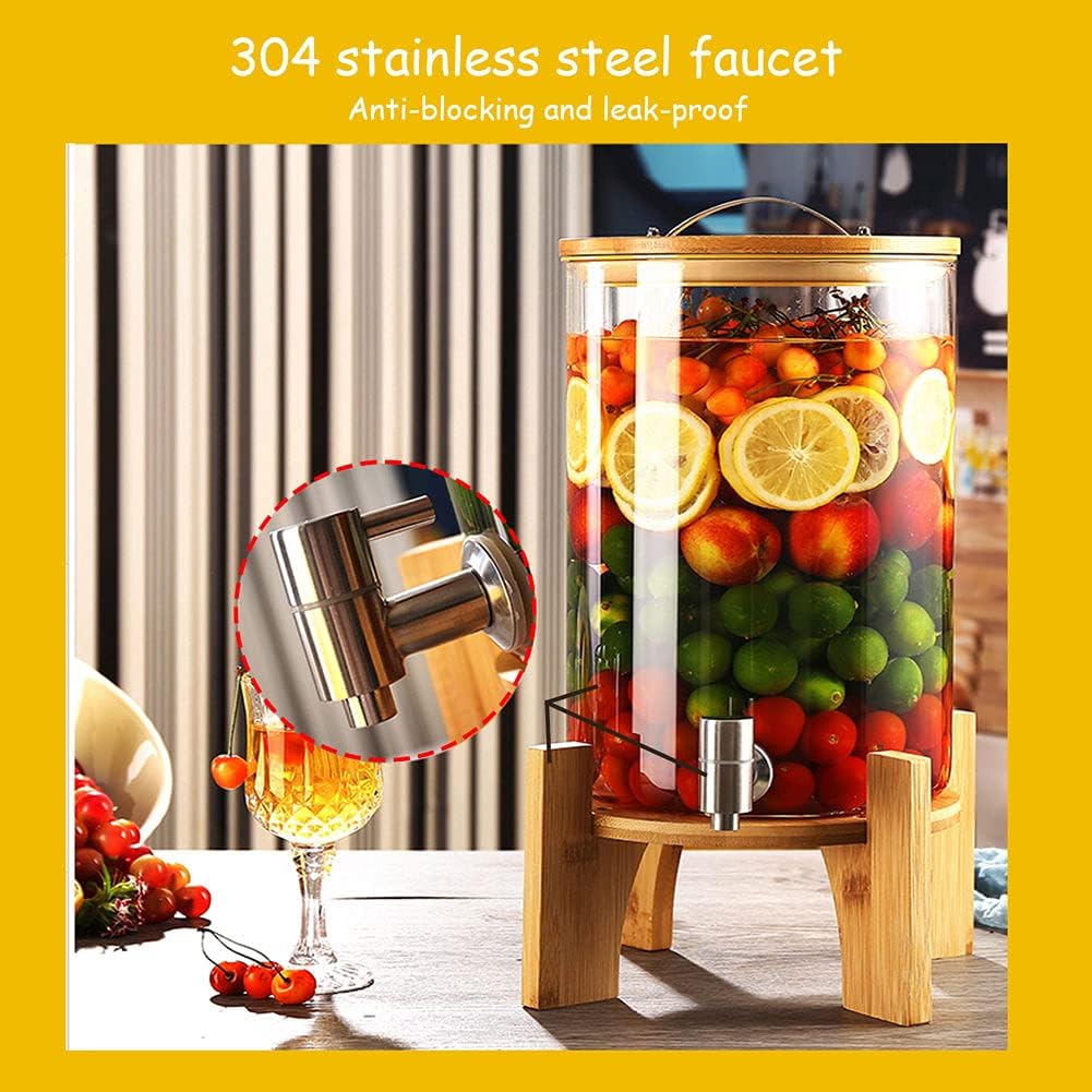 Drink Dispenser, Drinks Dispenser, Beverage Dispenser with Tap and Stand, Drinks Jar Dispenser for Wine Cocktail Glass Drink Barrel with Sealing Cap High Temperature Resistant Glass(5L)