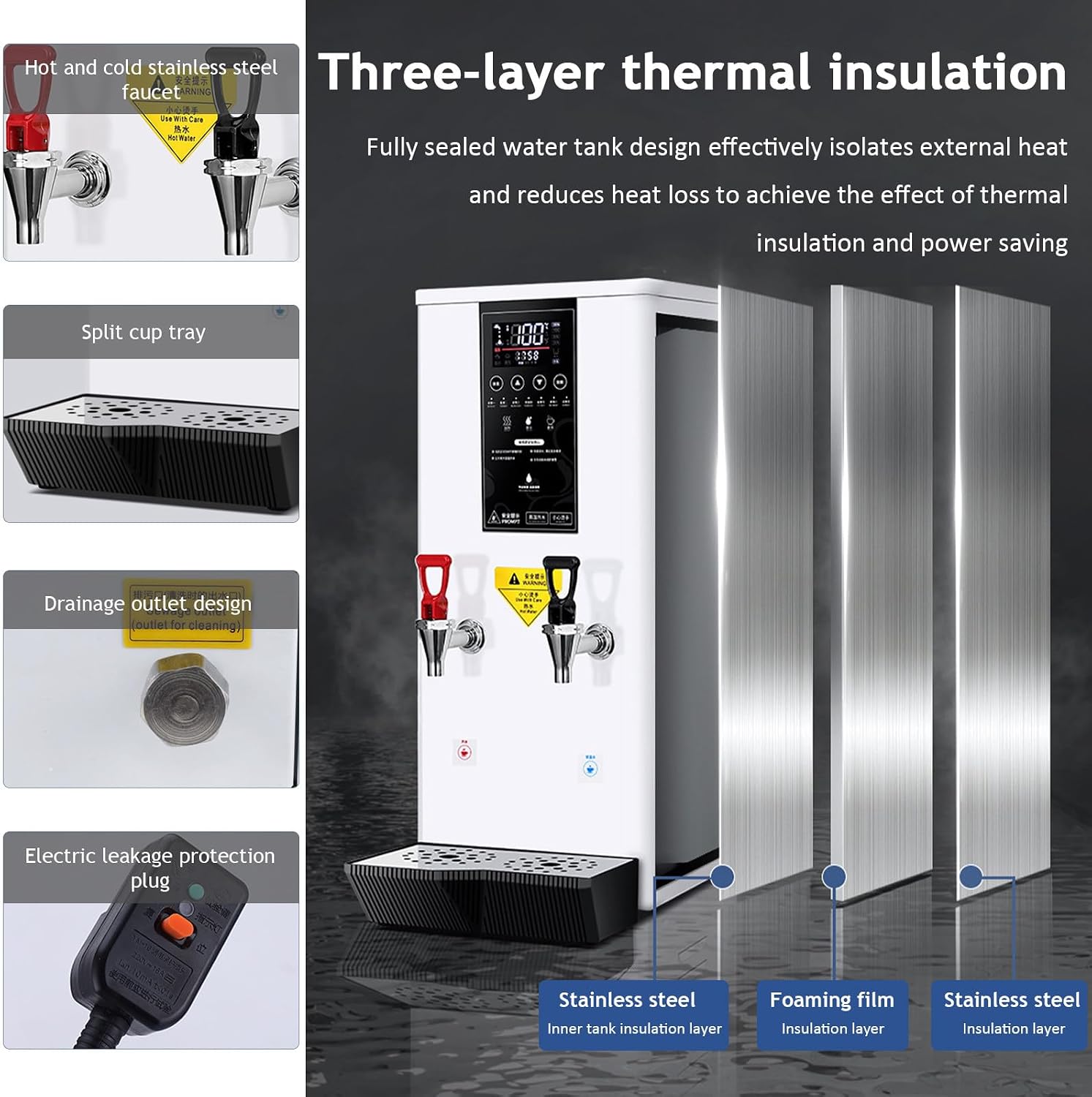 3000W Hot Water Dispenser, 45L Commercial Hot Water Dispenser Step-Heating Boiling Water Machine, Stainless Steel, for Hotels, Cafes and Dessert Shops