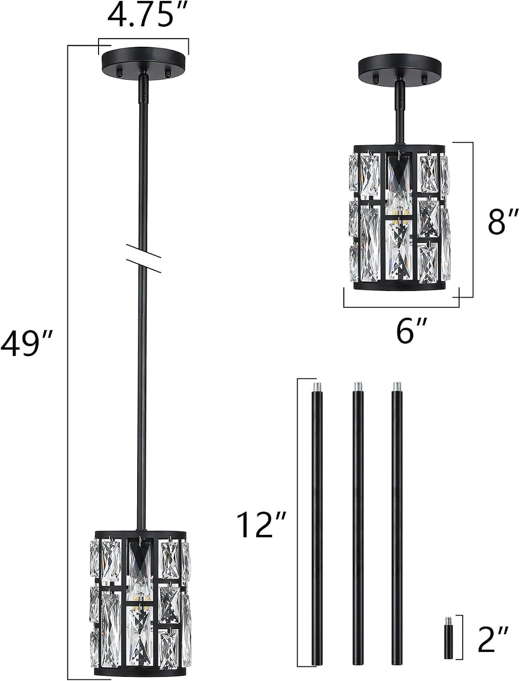 MEXO Modern Crystal Pendant Light Fixture 3-Pack Matte Black Finish Hanging Lighting Crystal Chandelier for Living Room, Kitchen, Hallway