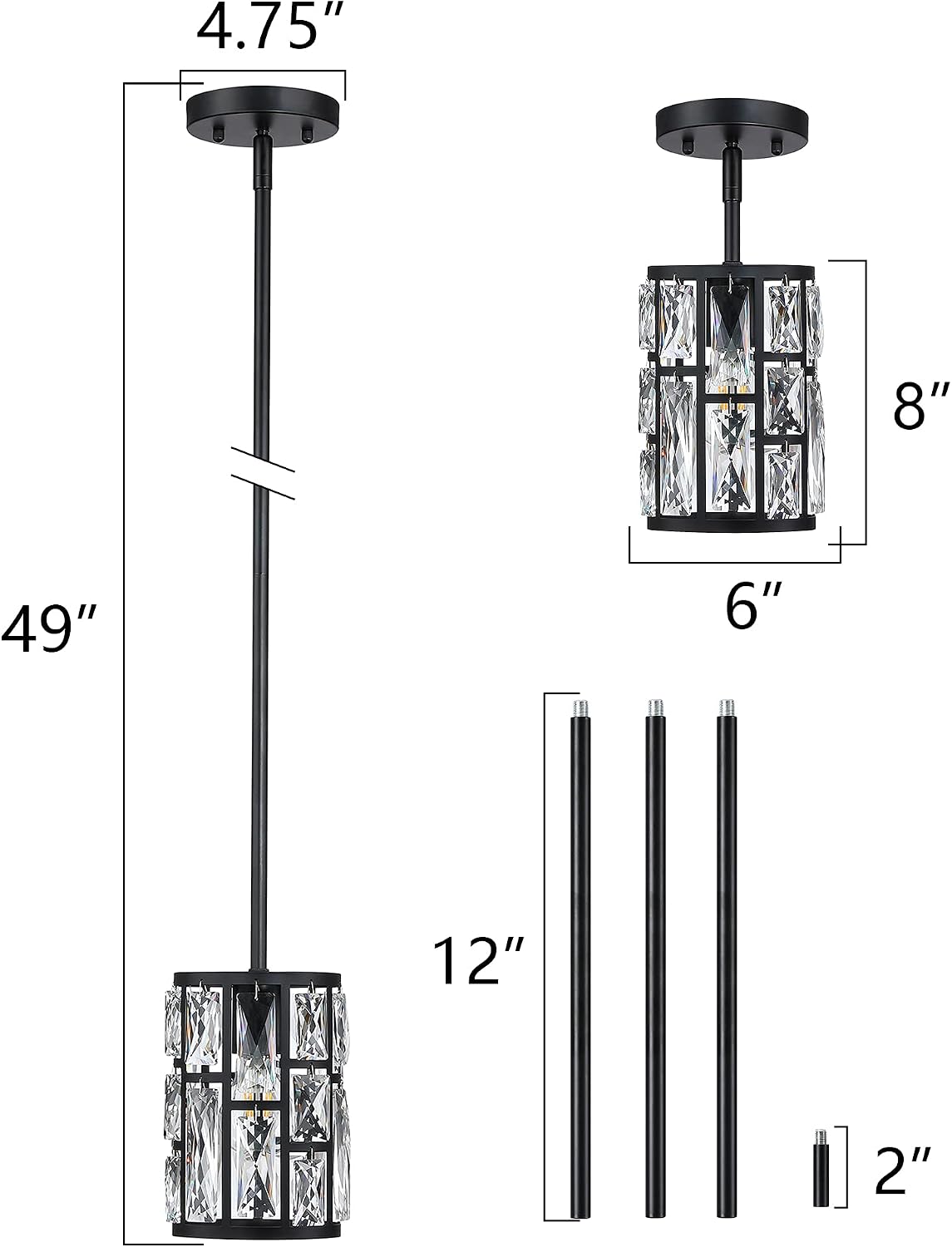 MEXO Modern Crystal Pendant Light Fixture 3-Pack Matte Black Finish Hanging Lighting Crystal Chandelier for Living Room, Kitchen, Hallway