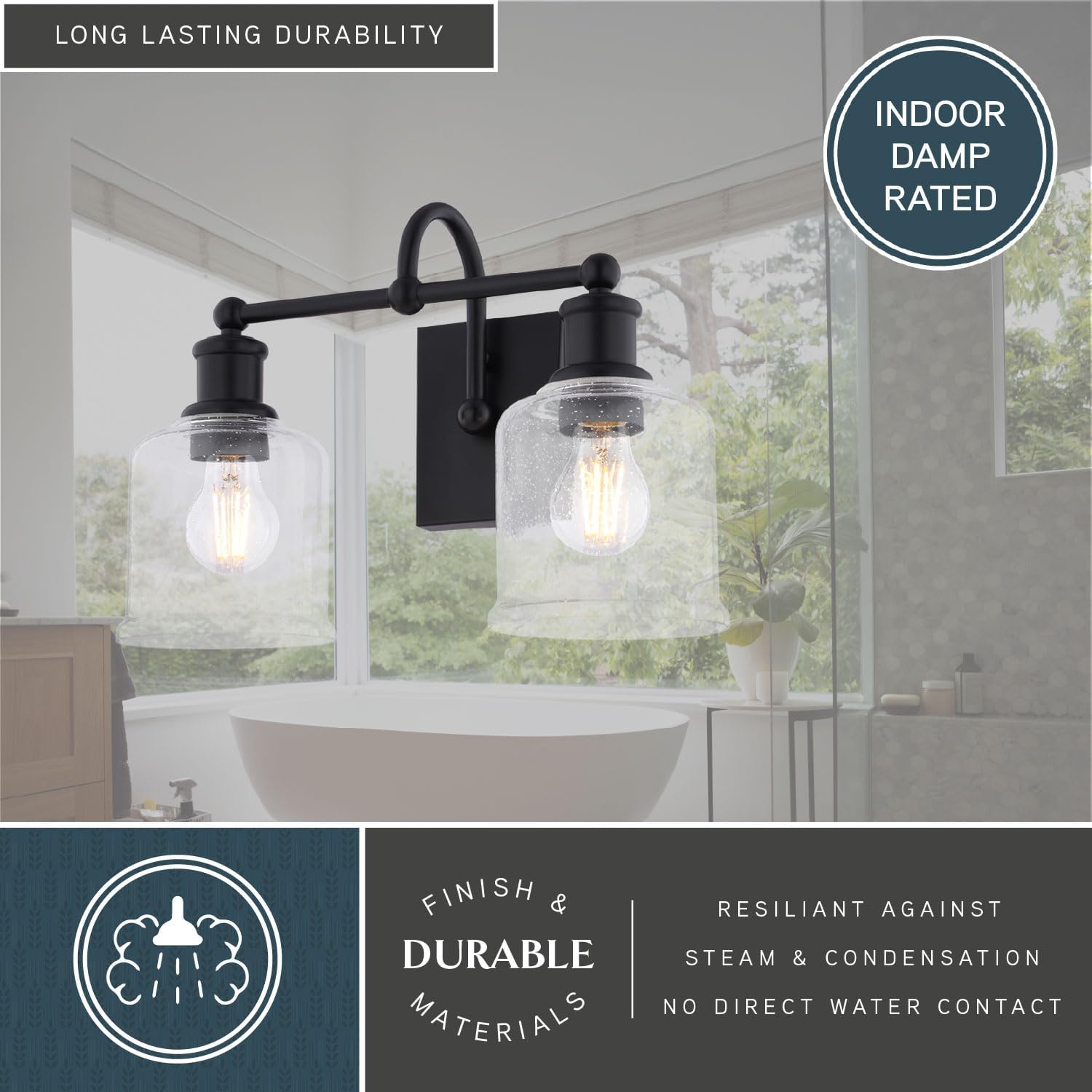 VAXCEL Northbrook 2-Light 16 in. Wide Matte Black Traditional Bathroom Vanity Lighting Fixture, Clear Seeded Glass Shade, Dimmable, LED Compatible, Over The Mirror Mounted Steel Wall Sconce
