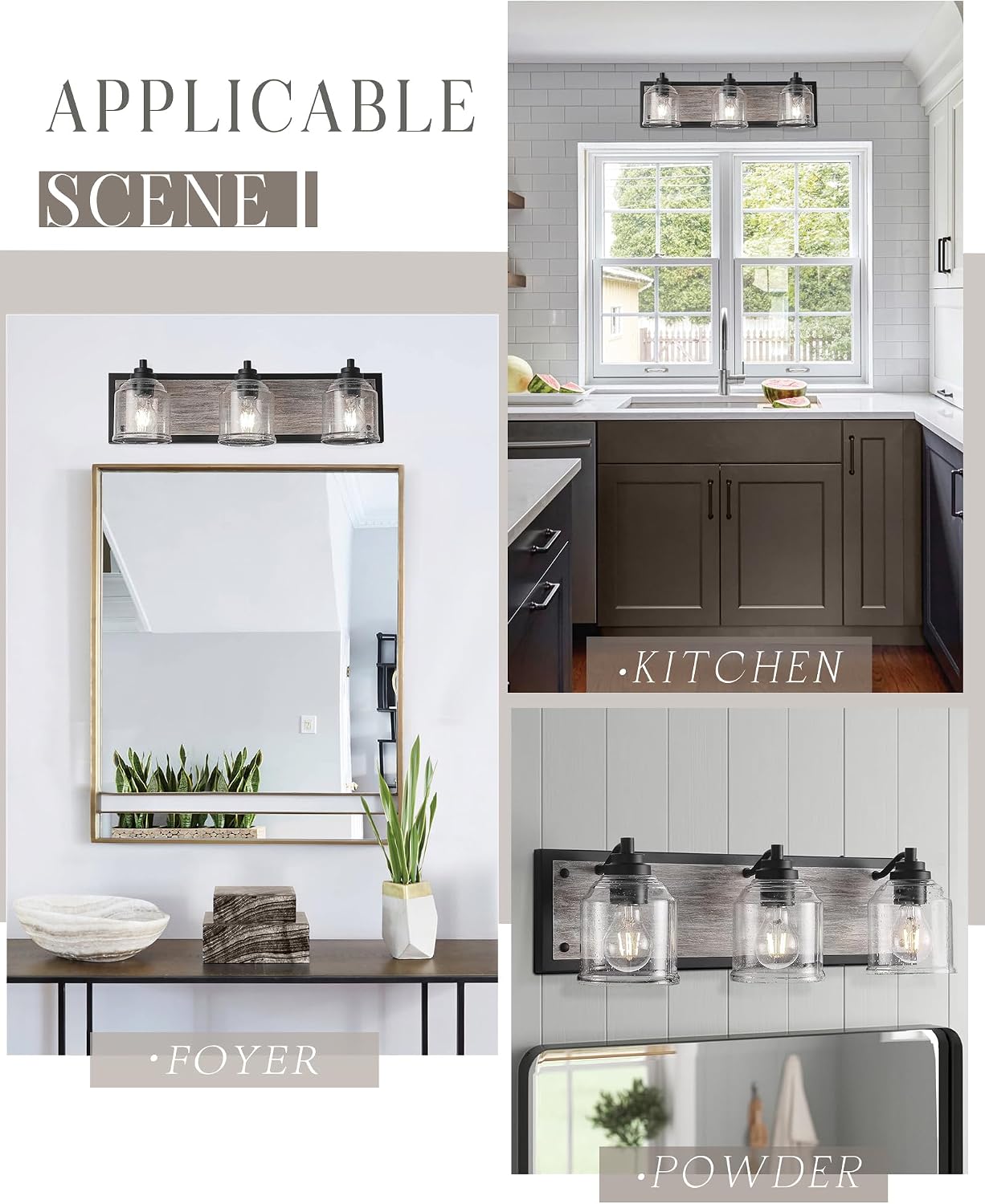 3-Light Bathroom Vanity Light Large 23', Vanity Lights for Bathroom, Farmhouse Rustic Gray Bathroom Light Fixtures Over Mirror with Bubble Glass Shades, Hand-Painted Wood-Look Metal Backplate