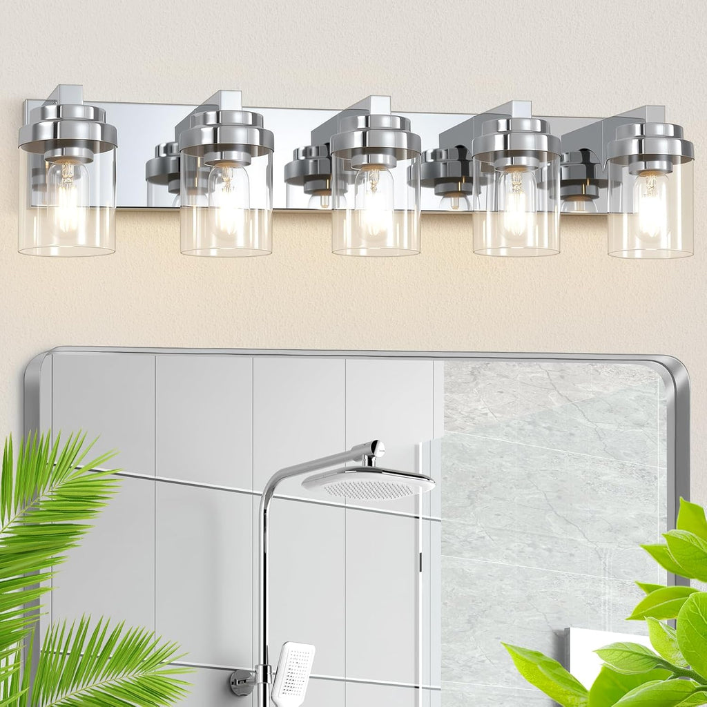 Bathroom Light Fixtures, 5-Light Bathroom Vanity Lights Over Mirror, Polished Chrome Vanity Lights with Glass Shade, 31' Modern Wall Sconce for Cabinet Porch Bedroom, Hallway E26