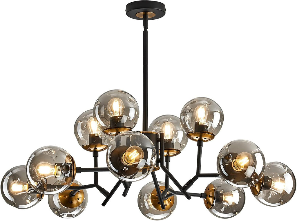 UOFUS 12-Light Glass Globe Sputnik Chandelier Mid-Century Modern Matte Black and Gold Ceiling Light Fixture Vintage Hanging Pendant Light for Bedroom Living Room Kitchen Farmhouse Dining Room