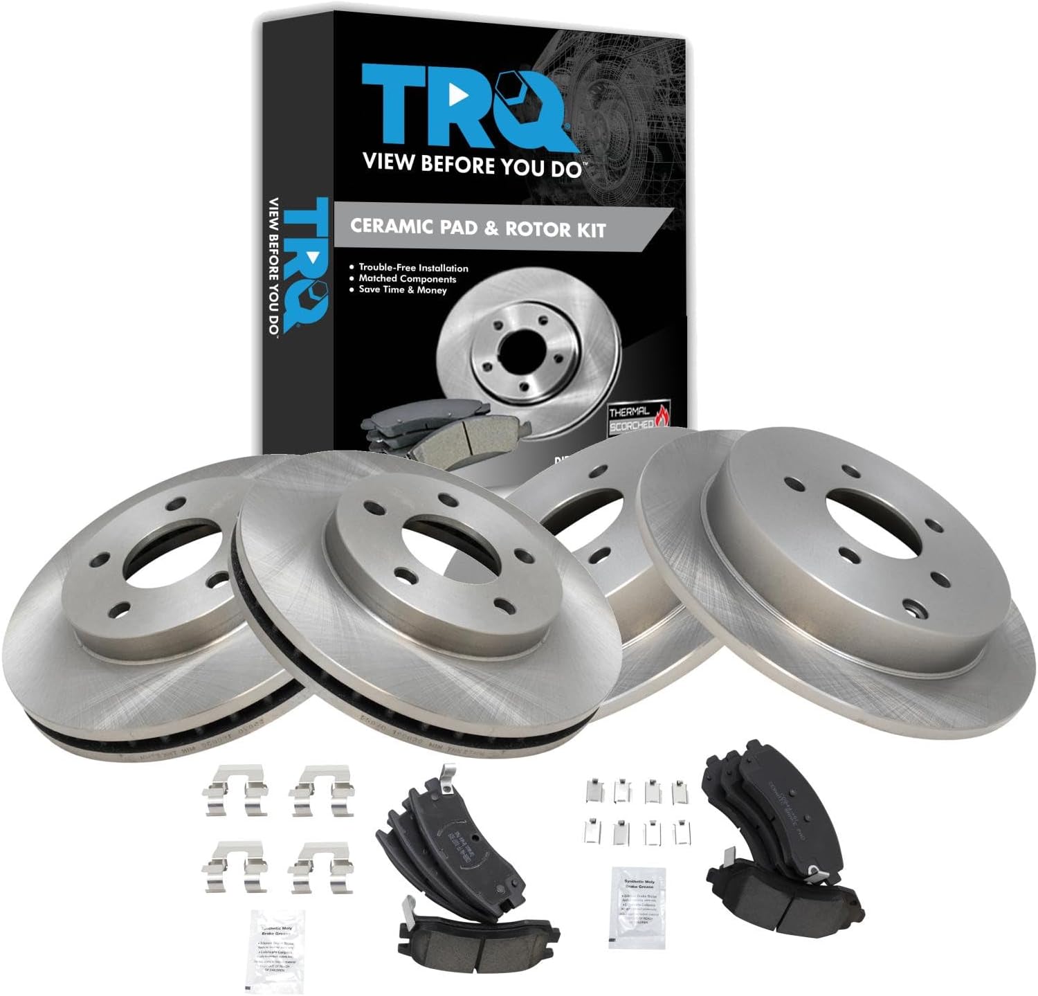 TRQ Front and Rear Brake Pad and Rotor Set Ceramic Compatible with 2002-2007 Buick Rendezvous