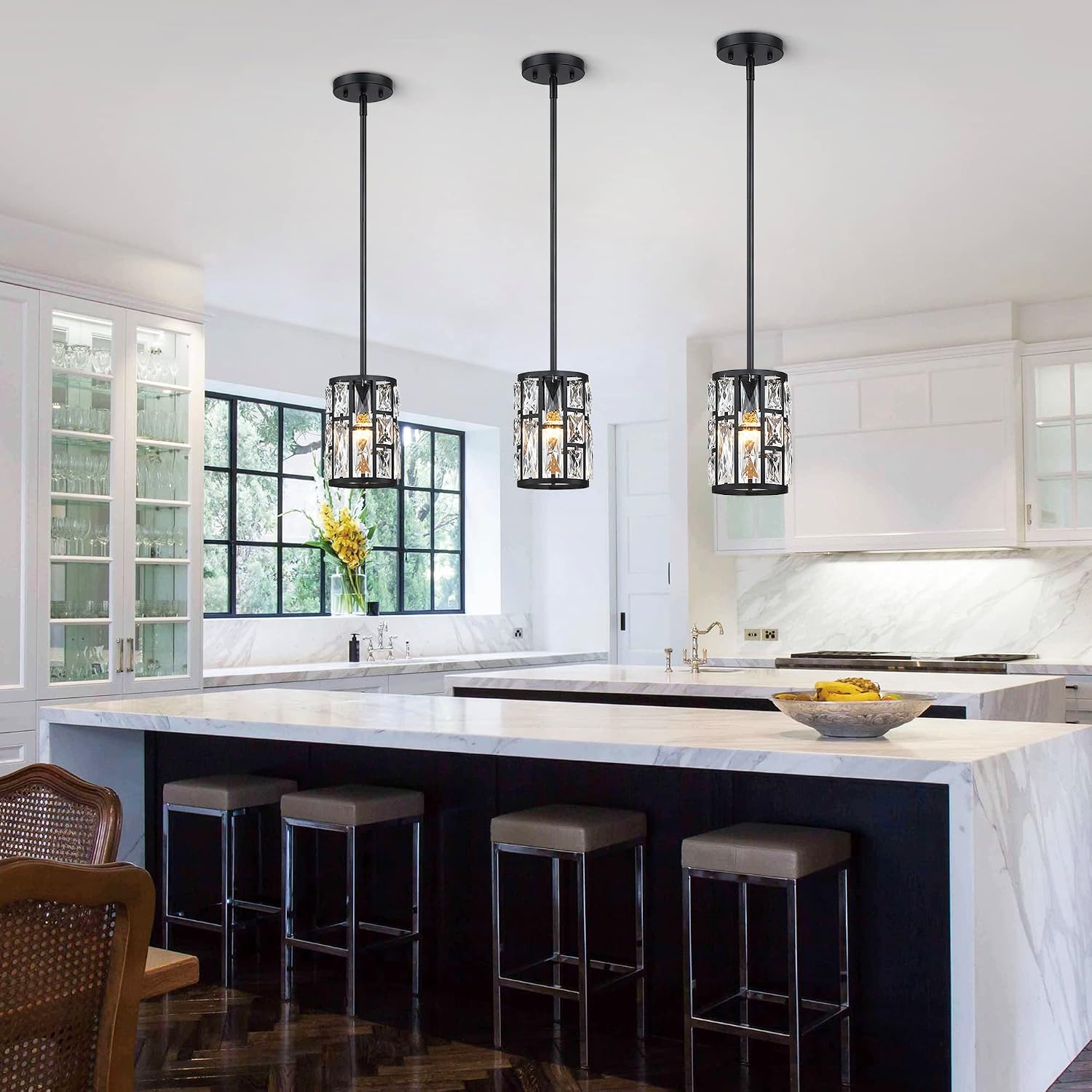 MEXO Modern Crystal Pendant Light Fixture 3-Pack Matte Black Finish Hanging Lighting Crystal Chandelier for Living Room, Kitchen, Hallway