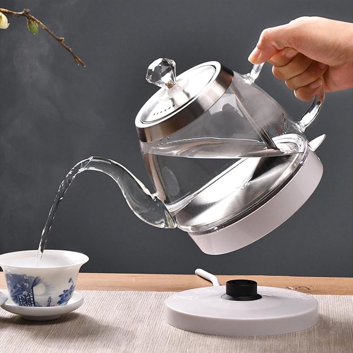 White Electric Kettle Glass Hot Water Dispensers Tea Kettle Jug Portable Electric Hot Water Kettle Boil Dry Protection Electric Kettles Cordless Fast Boil (A)