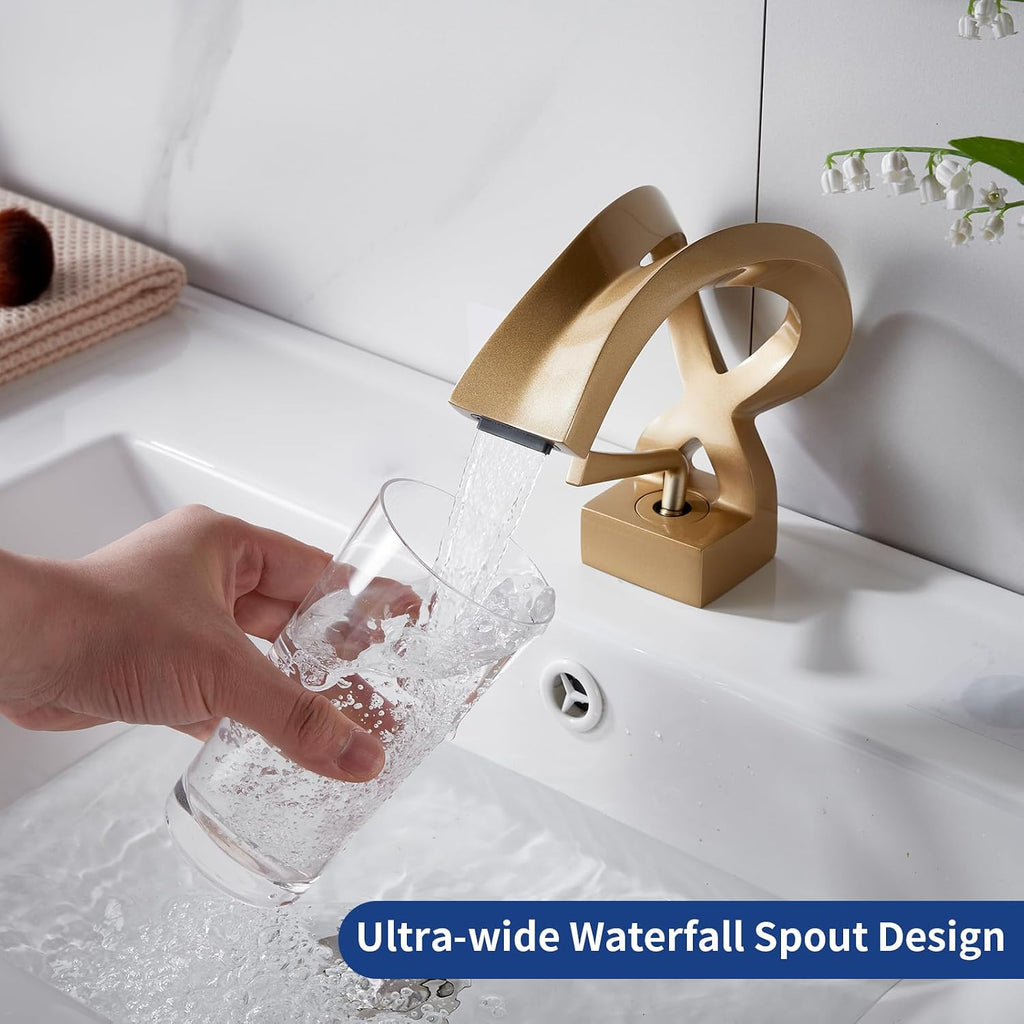One Hole Bathroom Sink Faucet Waterfall Champagne Gold Single Handle Elegant Vanity Basin Deck Mount Lavatory Brass Creative Hollowed Body Antique Design