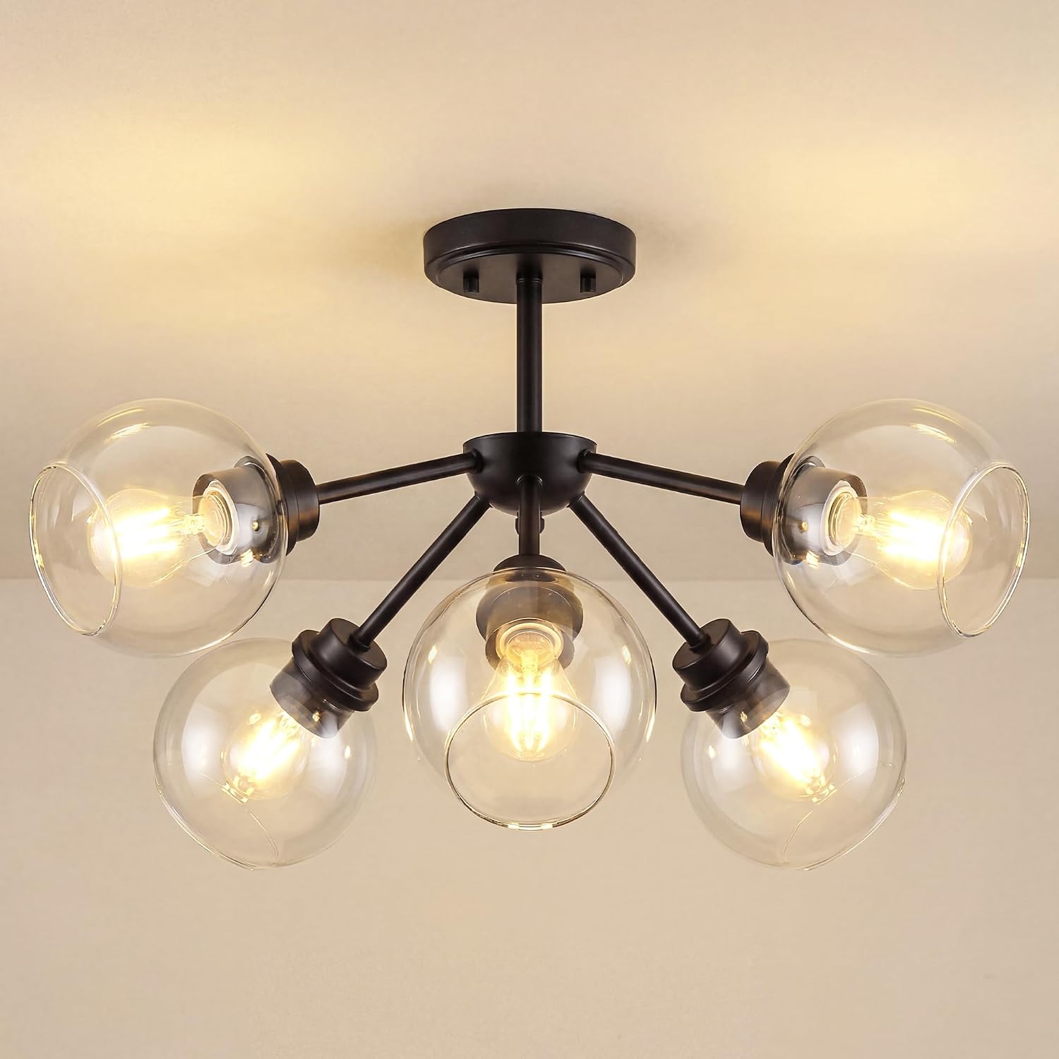 6-Light Semi Flush Mount Ceiling Light, 22' Modern Light Fixtures Ceiling Mount with Globe Clear Glass Shade, Matte Black Light Fixtures for Kitchen Entryway Bedroom, SM195-MB-6