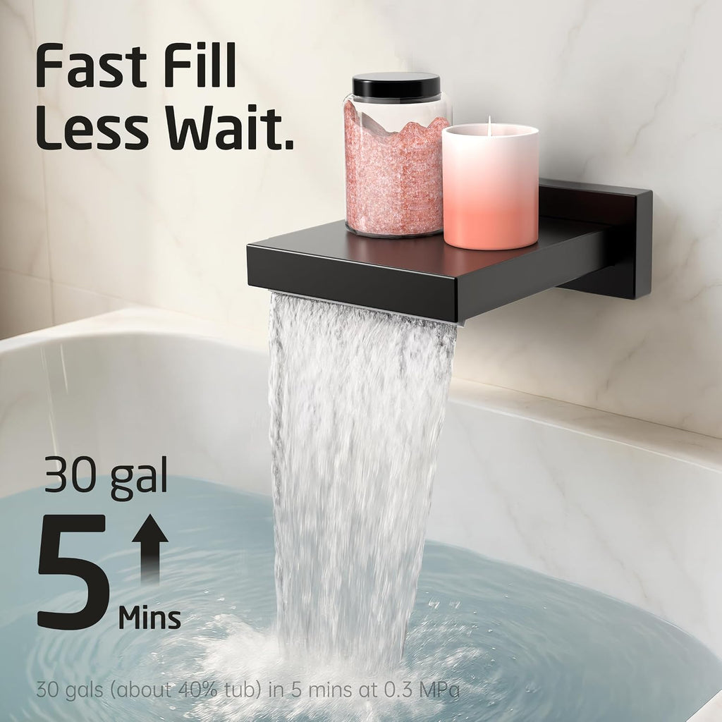 KES Black Bathtub Shower Faucet Set with 12' Rectangle Rain Shower Head, Shower System with 3-Modes Handheld Spray and Waterfall Tub Spout, cUPC Anti-Scald Valve included, XB6336S12-BK