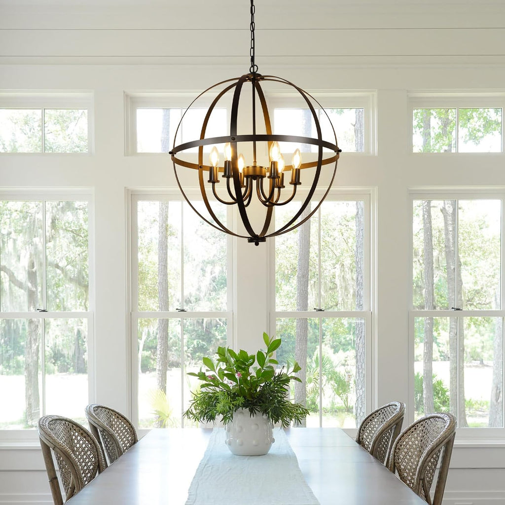 DLLT 6-Light Orb Chandelier, Black Globe Pendant Light Fixtures, Industrial Sphere Pendant Lighting Over Island, Adjustable Hanging Light with Metal Cage for Dining Room, Foyer, E12 Bulbs Not Included