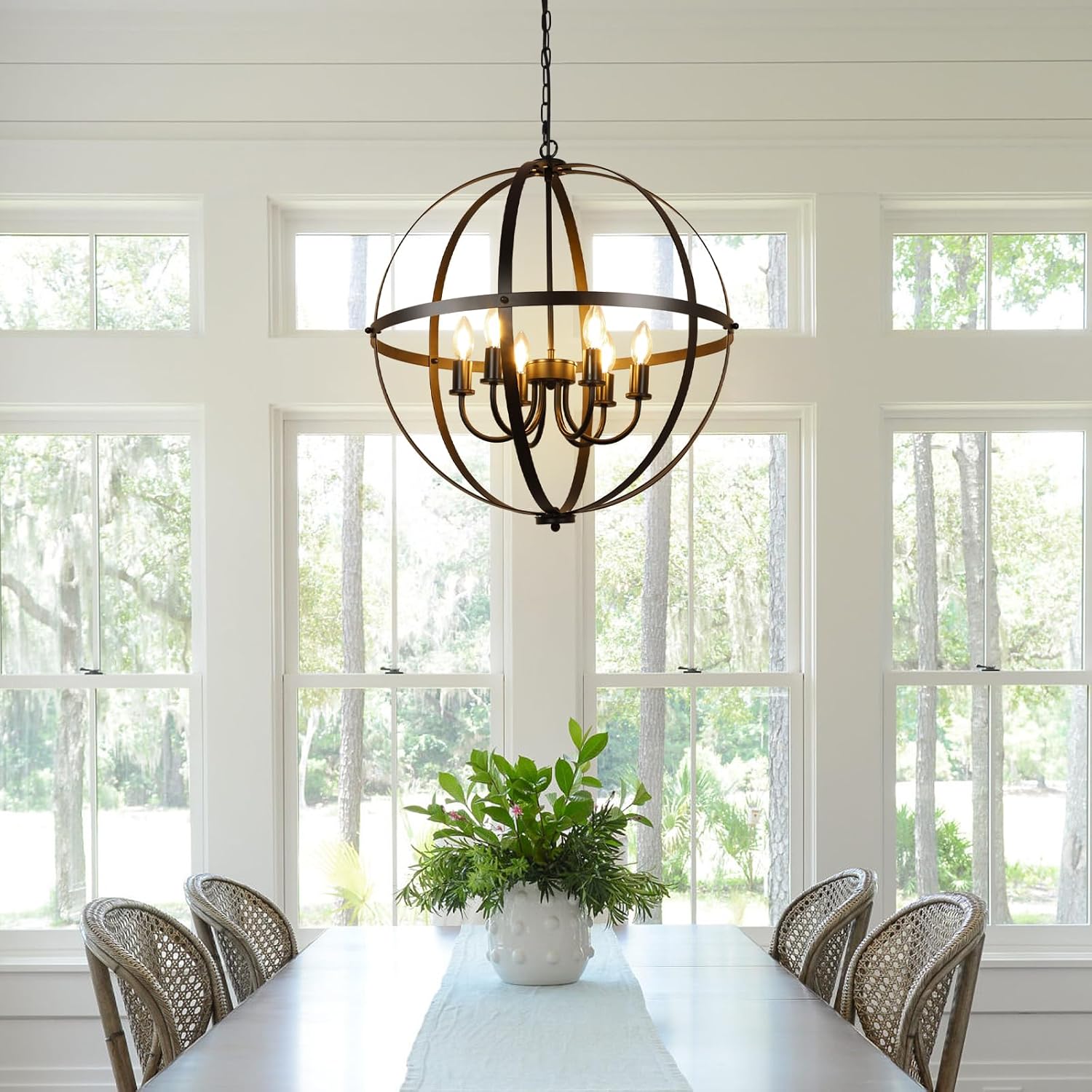 DLLT 6-Light Orb Chandelier, Black Globe Pendant Light Fixtures, Industrial Sphere Pendant Lighting Over Island, Adjustable Hanging Light with Metal Cage for Dining Room, Foyer, E12 Bulbs Not Included