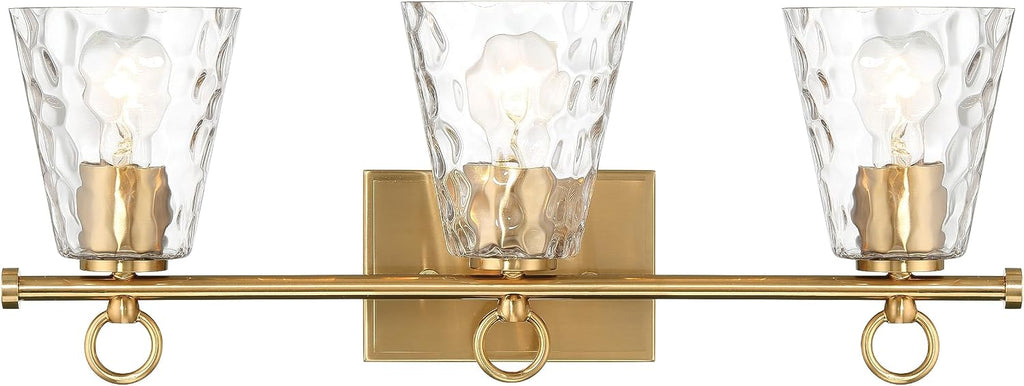 Imogen - Metal and Hammered Water Glass 3-Light Vanity Light, Brushed Gold
