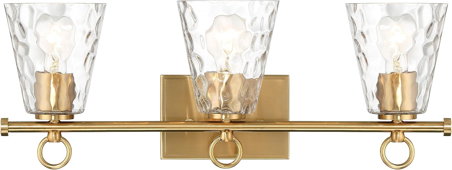 Imogen - Metal and Hammered Water Glass 3-Light Vanity Light, Brushed Gold