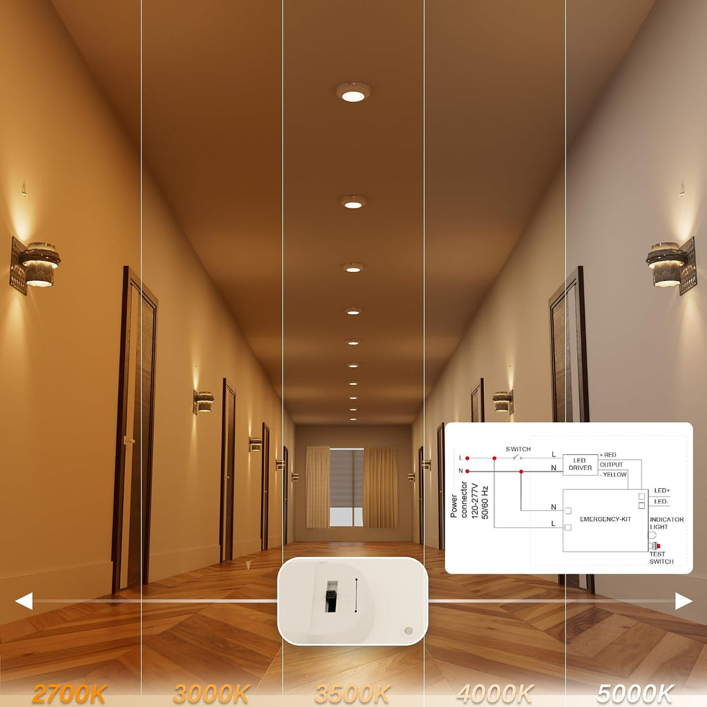 6 Inch LED Emergency Disk Light Kit with Battery Backup, Ceiling Mount Emergency Lights, Dimmable, 120-277V, 15W, 1000lm, CRI90, 5CCT Selectable, ETL & Wet Rated, White, 4 Packs