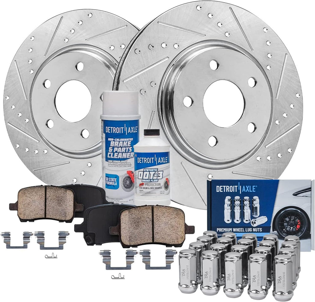 Detroit Axle - Front Brake Kit for Chevrolet Malibu Pontiac G6 Saturn Aura, Drilled & Slotted Brake Rotors Ceramic Brakes Pads Wheel Lug Nuts Replacement: 11.65'' inch Front Rotor