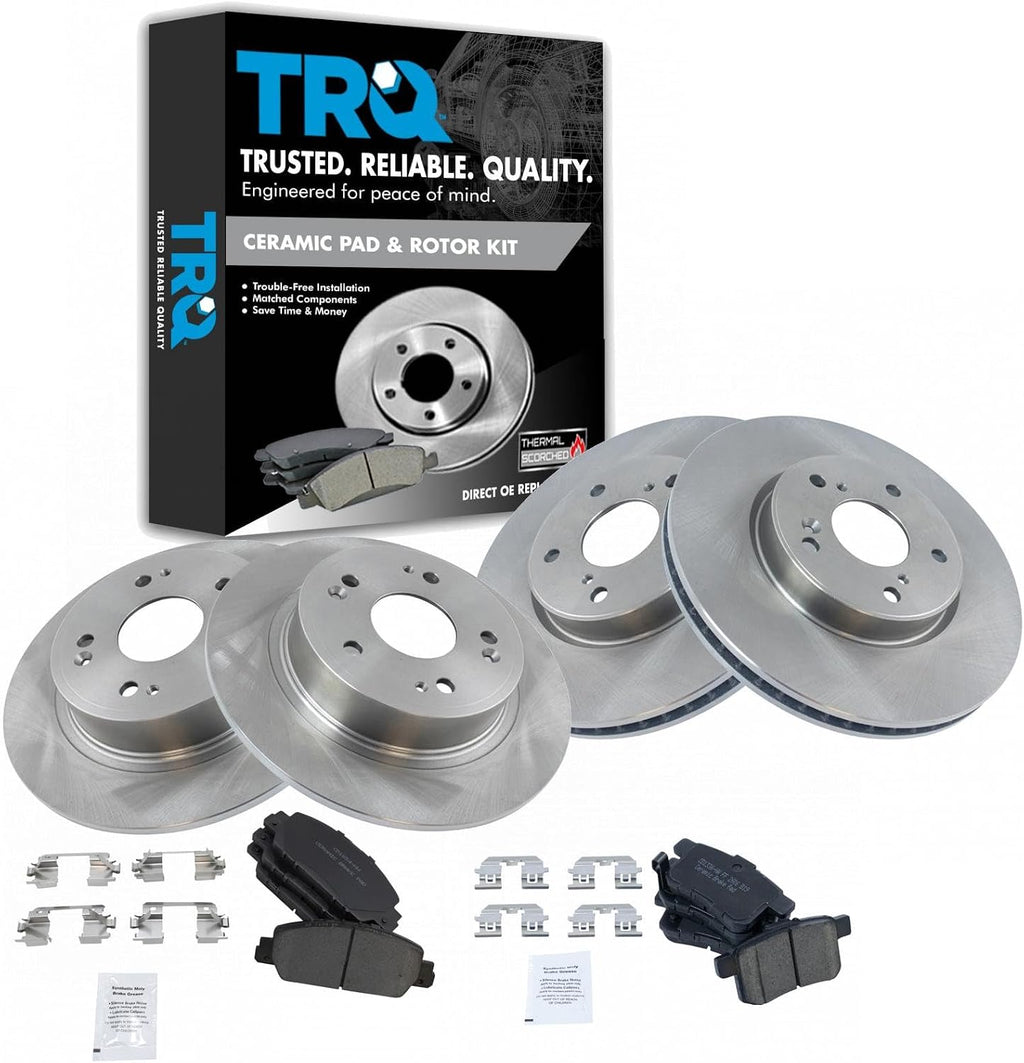 TRQ Front and Rear Ceramic Brake Pad and Rotor Set Compatible with 13-17 Honda Accord EX, 13-17 EX-L, 13-15 Sport, 13-15 Touring, 14-15 Hybrid, 14-15