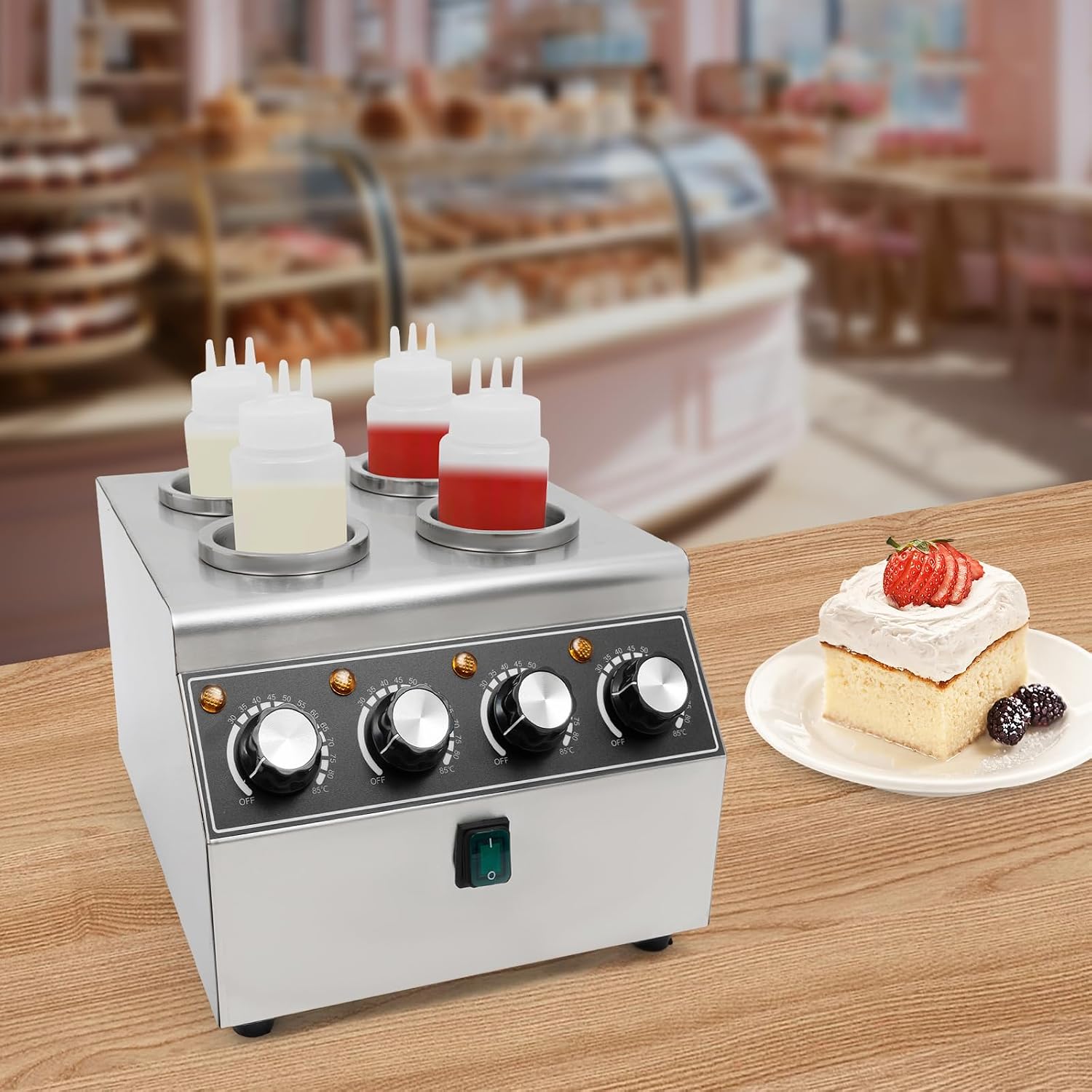 Electric Sauce Warmer Dispenser, 4 Grids Countertop Stainless Steel Sauce Heat Preservation Machine Hot Fudge Bottle Warmer Nacho Cheese Warmer Dispenser 86-185 ℉ 650ml