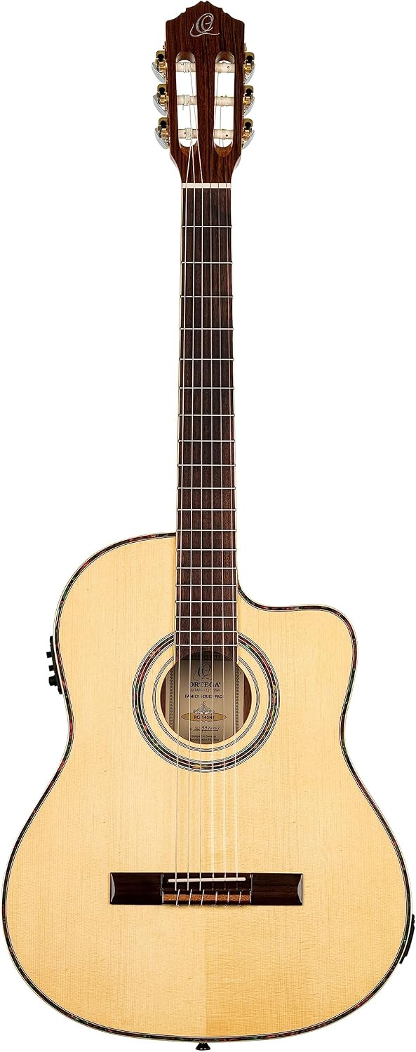 Ortega Guitars 6 String Family Series Pro Solid Top Thinline Acoustic-Electric Nylon Classical Guitar w/Bag, Right, Full (RCE145NT)