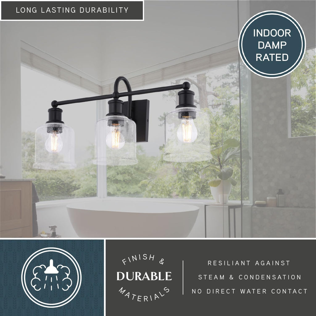 VAXCEL Northbrook 3-Light 24 in. Wide Matte Black Traditional Bathroom Vanity Lighting Fixture, Clear Seeded Glass Shade, Dimmable, LED Compatible, Over The Mirror Mounted Steel Wall Sconce