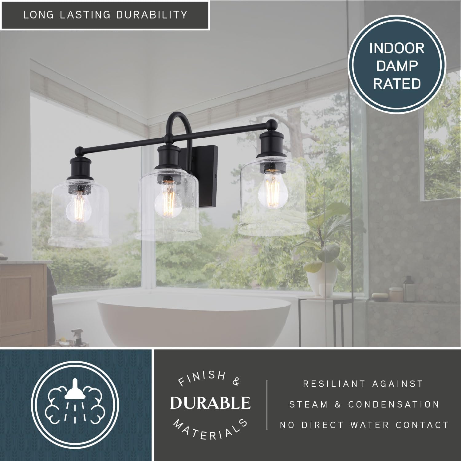 VAXCEL Northbrook 3-Light 24 in. Wide Matte Black Traditional Bathroom Vanity Lighting Fixture, Clear Seeded Glass Shade, Dimmable, LED Compatible, Over The Mirror Mounted Steel Wall Sconce