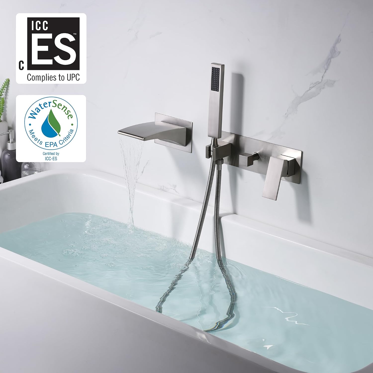 sumerain Wall Mount Tub Filler Brushed Nickel with Waterfall Tub Spout and Handheld Shower, High Flow
