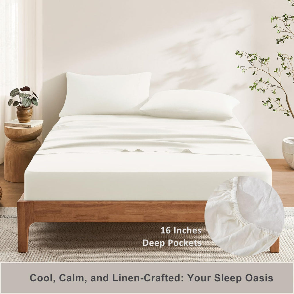 TOSMO Pure Linen Sheets Set, 100% French Natural Linen Flax Bedding 4pc Set (1 Flat Sheet, 1 Fitted Sheet, 1 Pillowcase) - Cream White, King