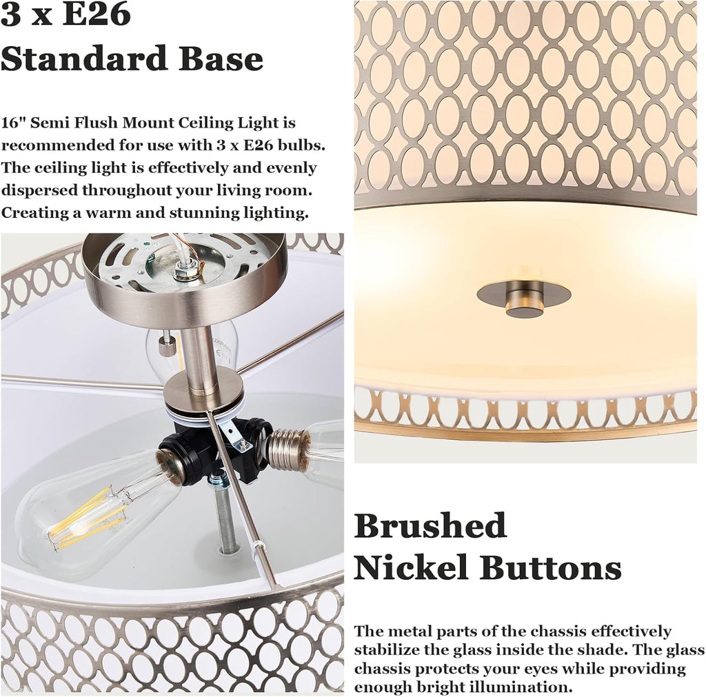 17' Semi Flush Mount Ceiling Light Fixture, Modern 3-Light E26 Double Drum Ceiling Lighting with White Fabric Lampshade and Gloden Iron Mesh Cage for Living Room Bedroom, Brushed Nickel