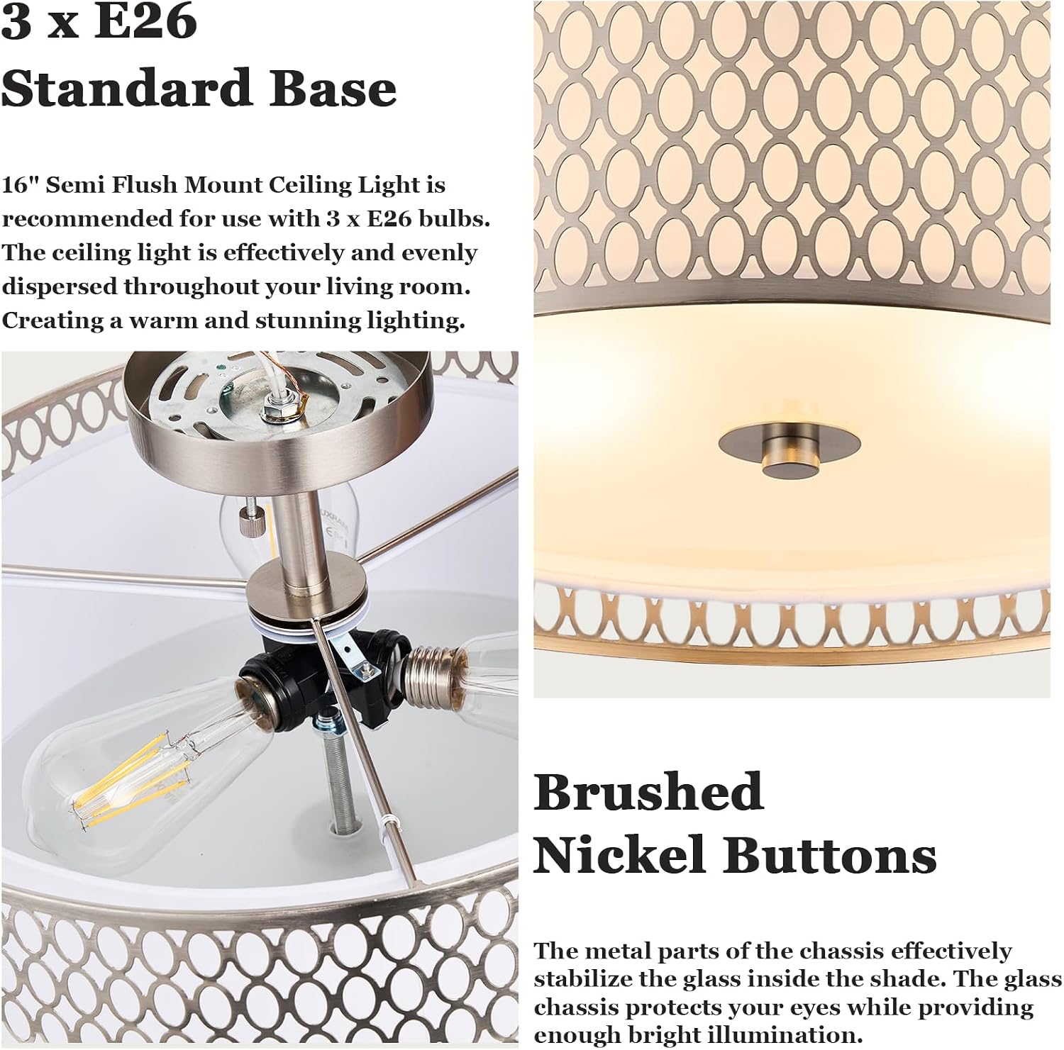 17' Semi Flush Mount Ceiling Light Fixture, Modern 3-Light E26 Double Drum Ceiling Lighting with White Fabric Lampshade and Gloden Iron Mesh Cage for Living Room Bedroom, Brushed Nickel