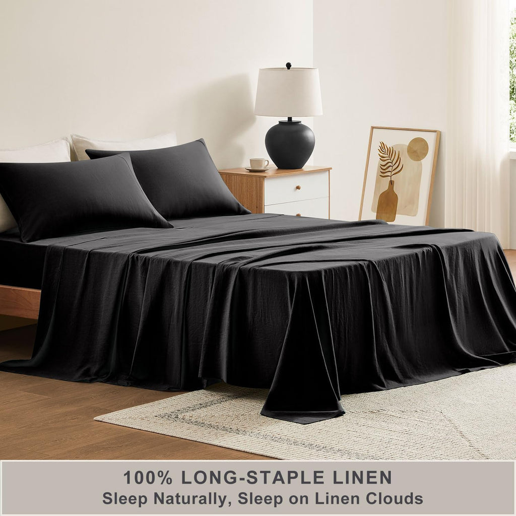 TOSMO Pure Linen Sheets Set, 100% French Natural Linen Flax Bedding 4pc Set (Full, 1 Flat Sheet, 1 Fitted Sheet, 2 Pillowcases) - Black