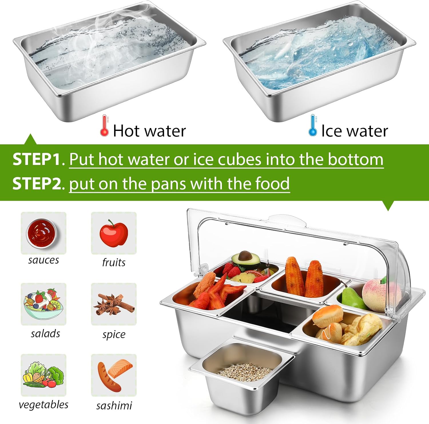 Ziliny 2 Pack Countertop Food Serving Display Container Stainless Steel Food Serving Tray Buffet Condiment Dispenser Display Rack with Clear Roll Top Cover for Buffet(6 Pan and 6 Pan)