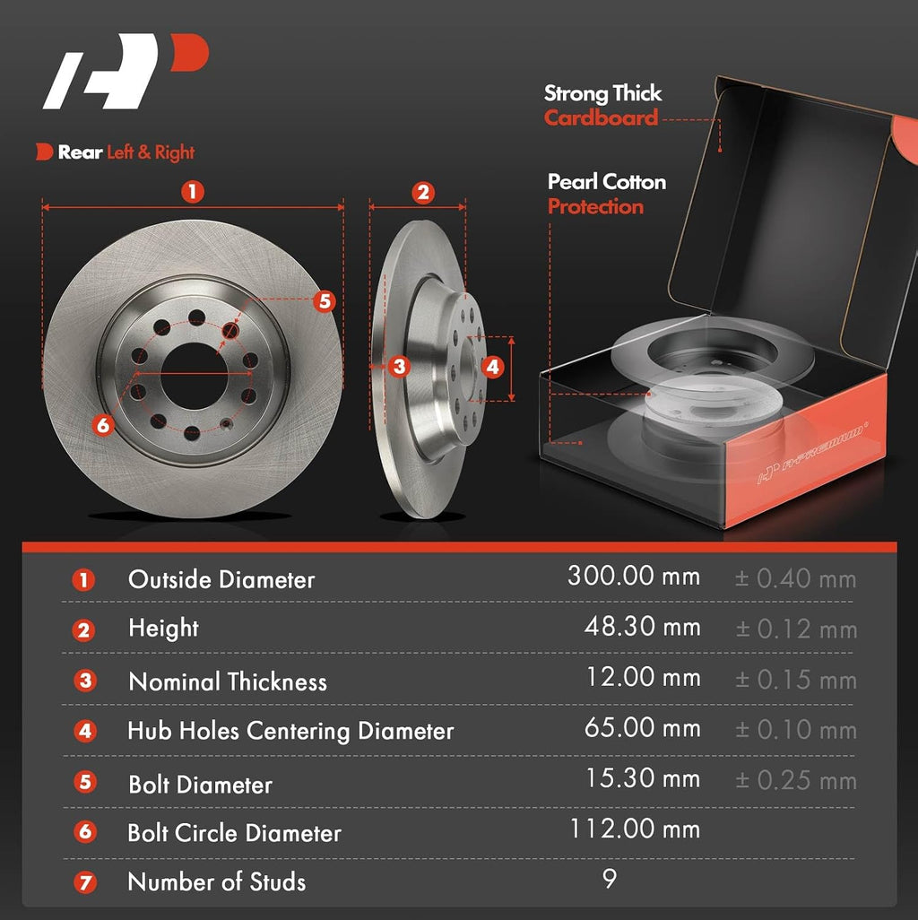A-Premium 11.81 inch (300mm) Rear Solid Disc Brake Rotors + Ceramic Pads Kit Compatible with Select Volkswagen and Audi Models - Jetta 2019-2023, Golf, Tiguan, Q3, TT Quattro, Arteon, 6-PC Set