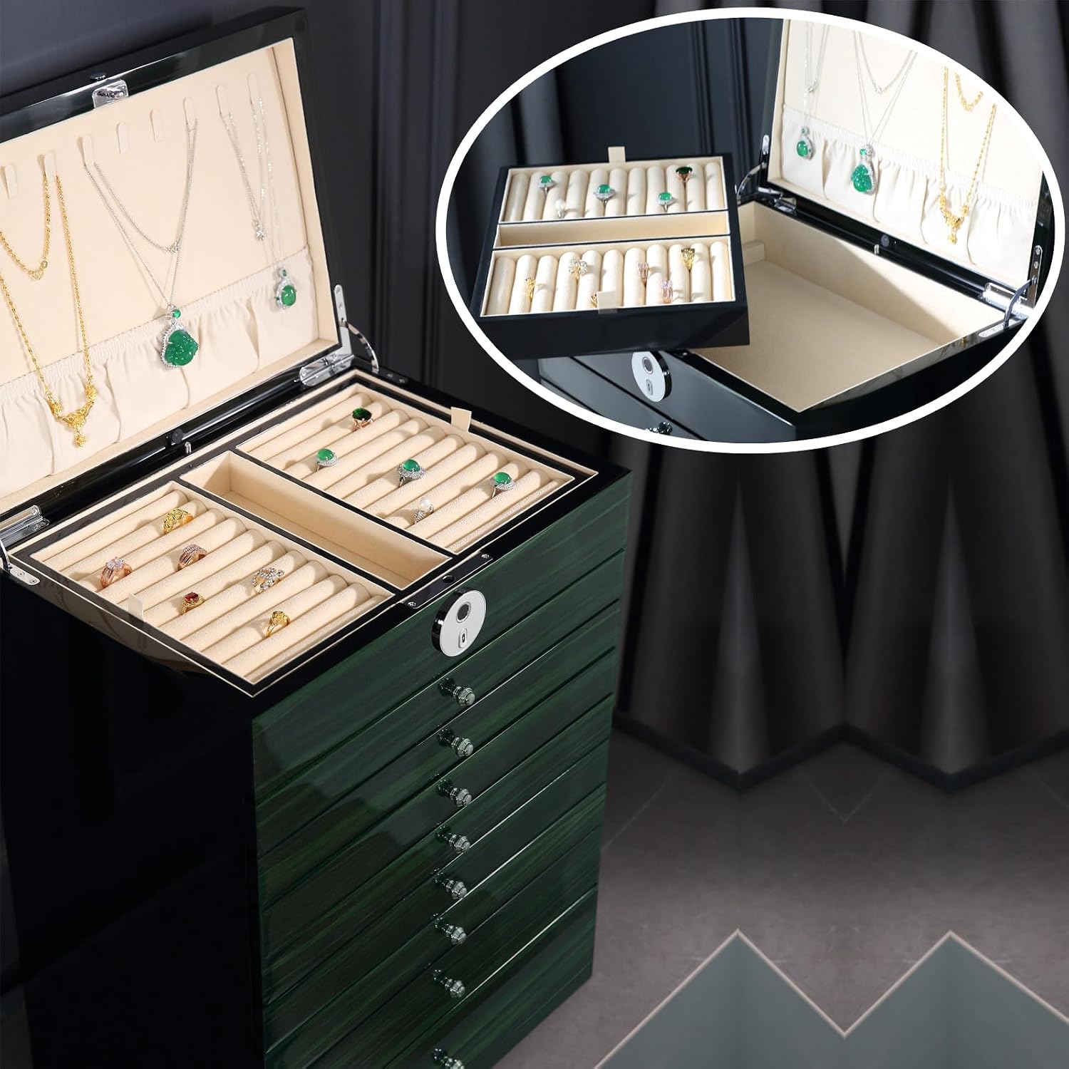 Wooden Jewelry Box Fingerprint Lockable 9-Layers Extra Large Capacity Jewelry Cabinet for Necklace/Rings/Pendants/Bracelets/Watches/Sunglasses Storage&Organizer Women Gifts (Greenwood)