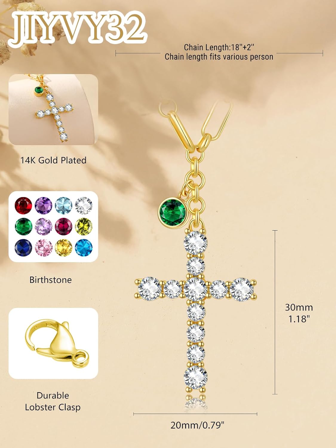 Cross Necklace for Women 14K Gold Birthstone Anniversary Birthday Gift for Wife Mom Protection Christian Jewelry Adjustable Chain