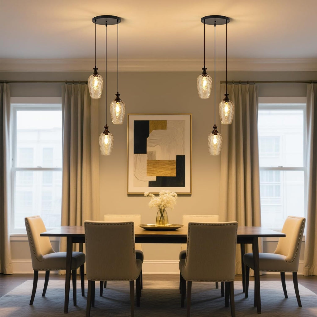 3-Light Pendant Lighting, Black Dining Room Chandelier Light Fixture Over Table with Hammered Glass, Modern Cluster Hanging Lights for Kitchen Island Sink, E26