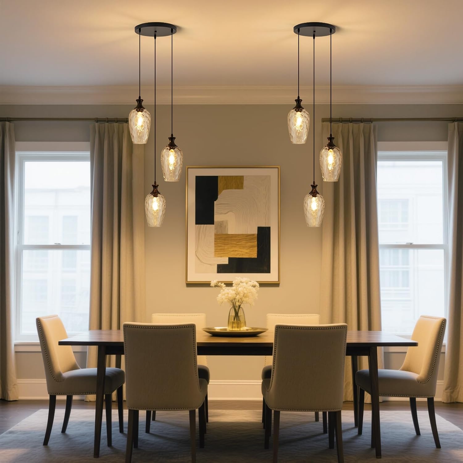3-Light Pendant Lighting, Black Dining Room Chandelier Light Fixture Over Table with Hammered Glass, Modern Cluster Hanging Lights for Kitchen Island Sink, E26
