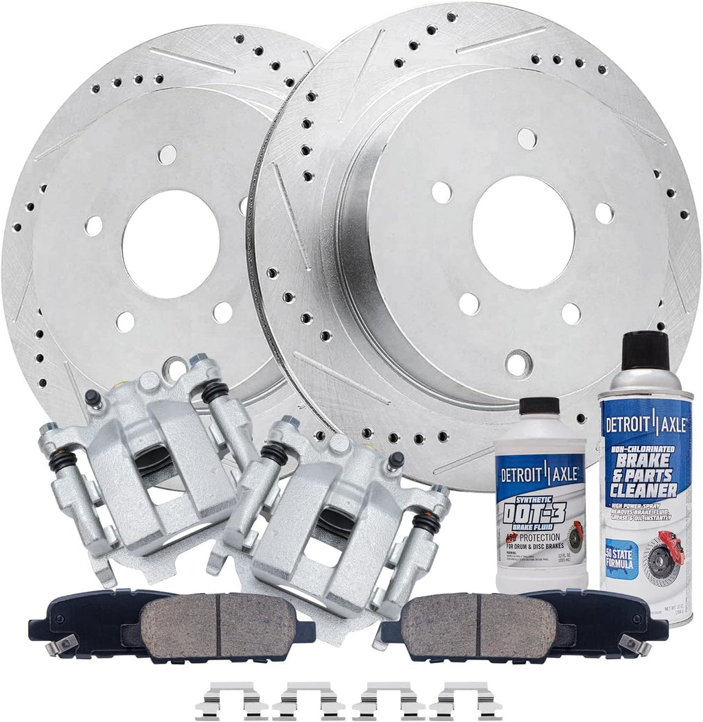 Detroit Axle - Rear Brake Kit for Infiniti JX35 M35H M37 M56 QX60 Nissan Quest Murano Pathfinder Drilled and Slotted Brake Rotors Ceramic Brakes Pads Brake Caipers Replacement: 12.13' inch Rear Rotors