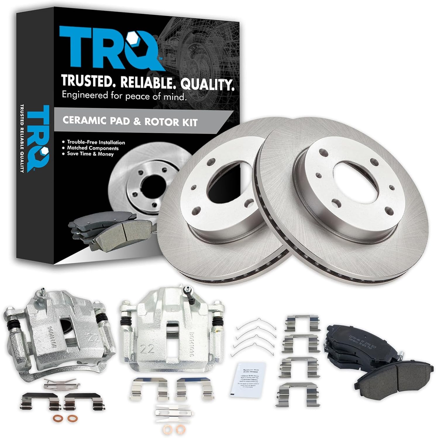 TRQ Front Brake Pad and Rotor Set Ceramic Vented Rotors Calipers Compatible with 2002 Hyundai Elantra