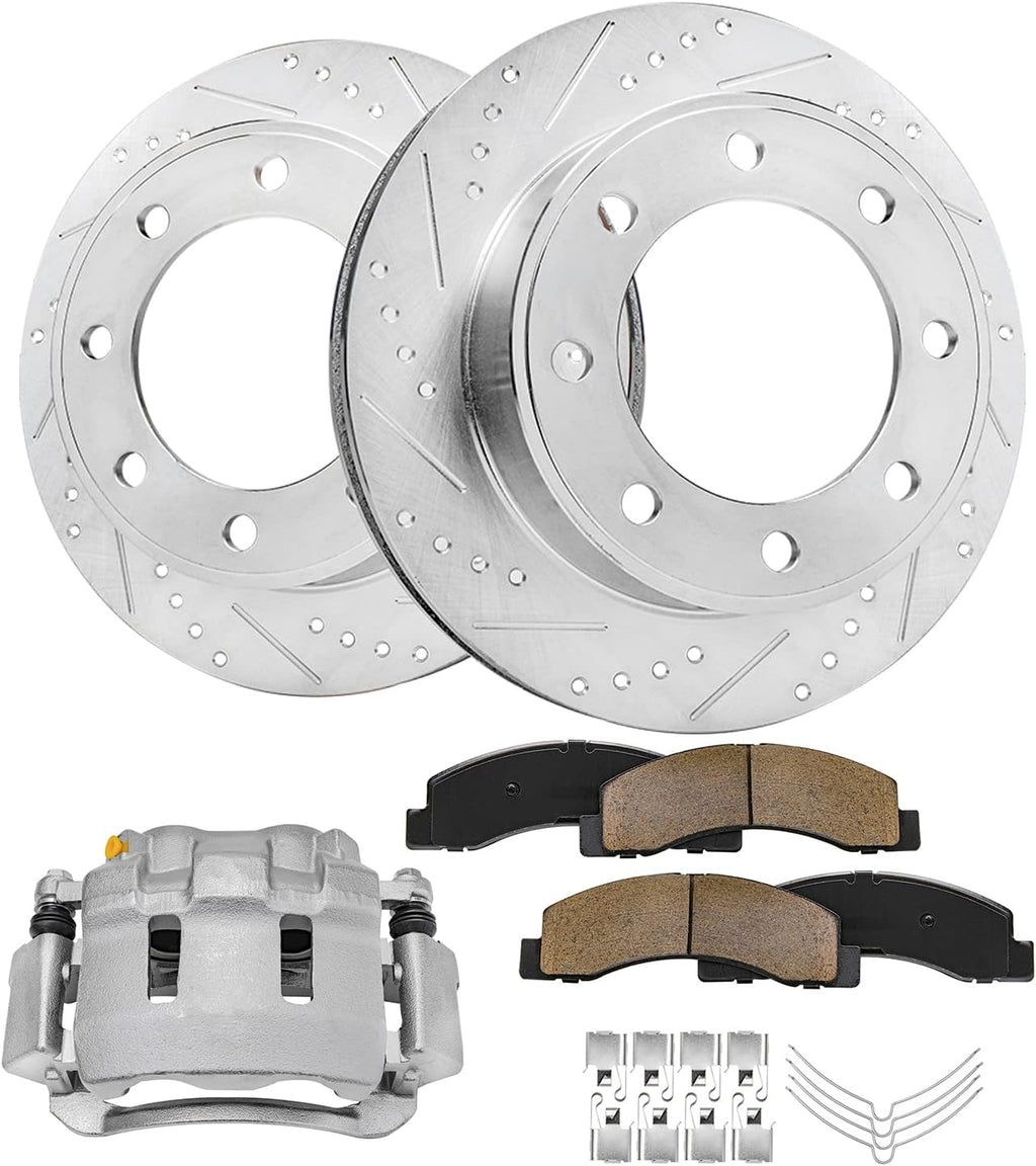 Detroit Axle - 4WD Front Brake Kit for Ford 00-05 Excursion 99-04 F-250 F-350 Super Duty Drilled Slotted Brake Rotors Brake Caliper Ceramic Brakes Pads Replacement [13.03 inch Rotors]
