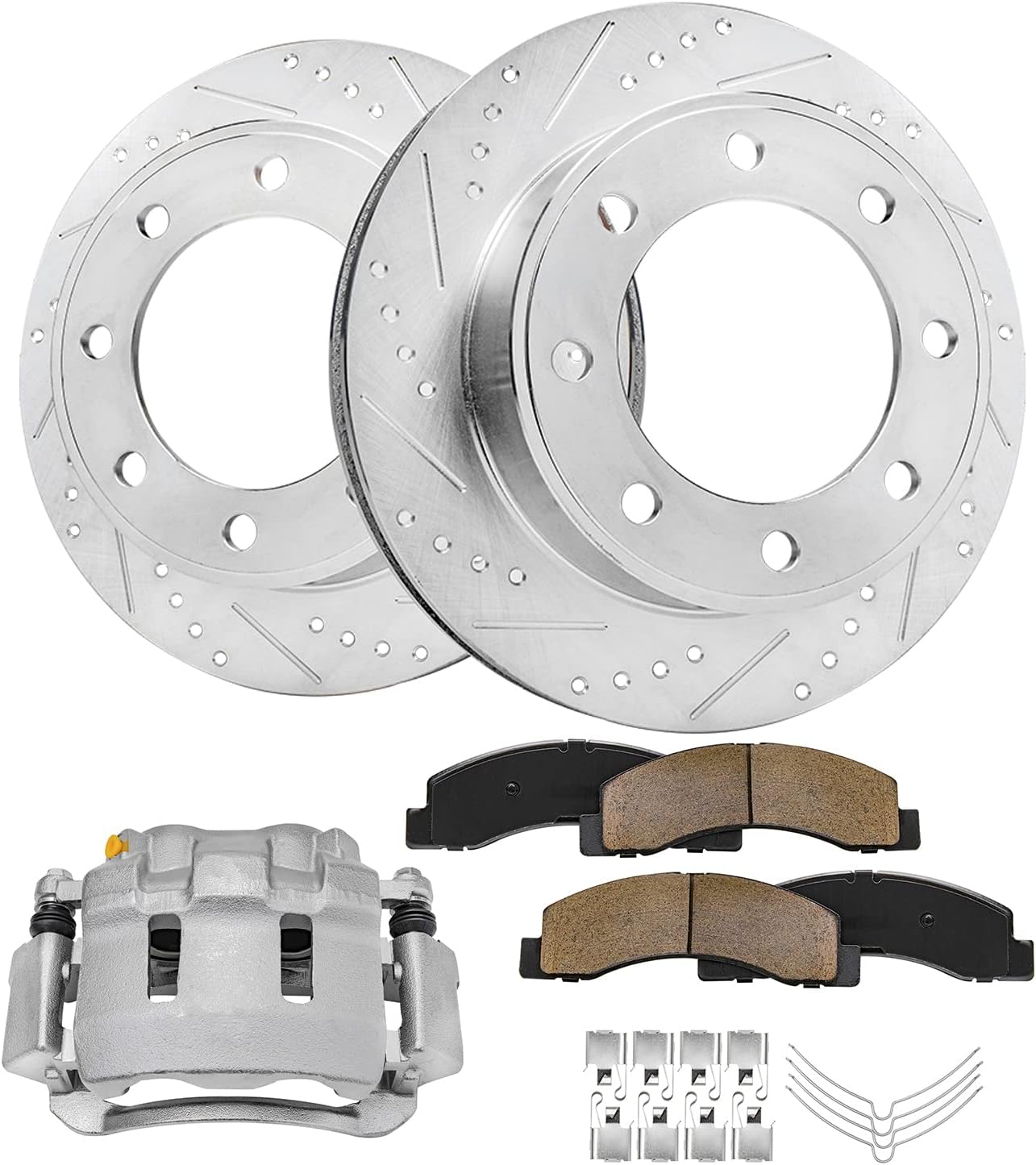 Detroit Axle - 4WD Front Brake Kit for Ford 00-05 Excursion 99-04 F-250 F-350 Super Duty Drilled Slotted Brake Rotors Brake Caliper Ceramic Brakes Pads Replacement [13.03 inch Rotors]