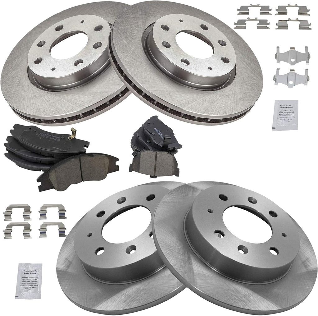 TRQ Front and Rear Brake Pad and Rotor Set Ceramic Vented Solid Rotors Compatible with 2004-2009 Kia Spectra 2005-2009 Spectra5