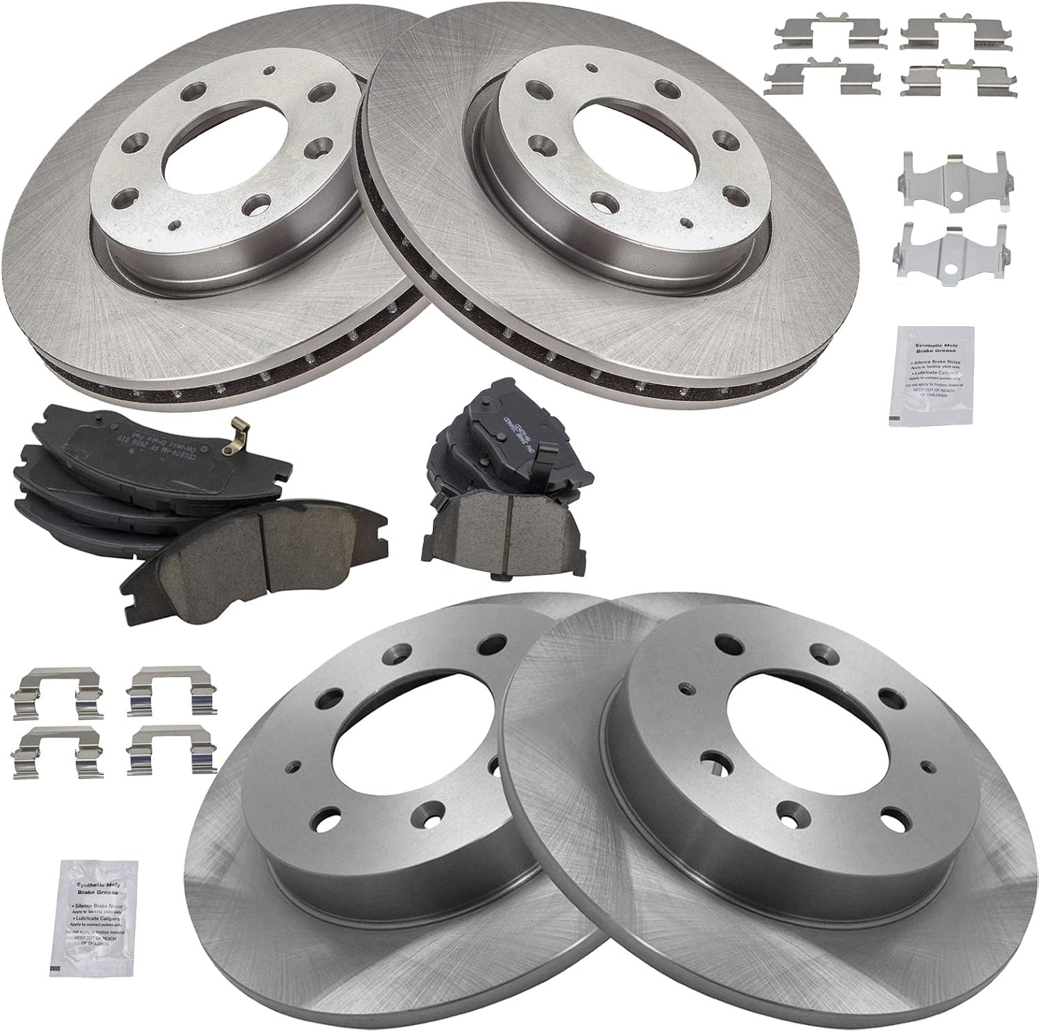 TRQ Front and Rear Brake Pad and Rotor Set Ceramic Vented Solid Rotors Compatible with 2004-2009 Kia Spectra 2005-2009 Spectra5
