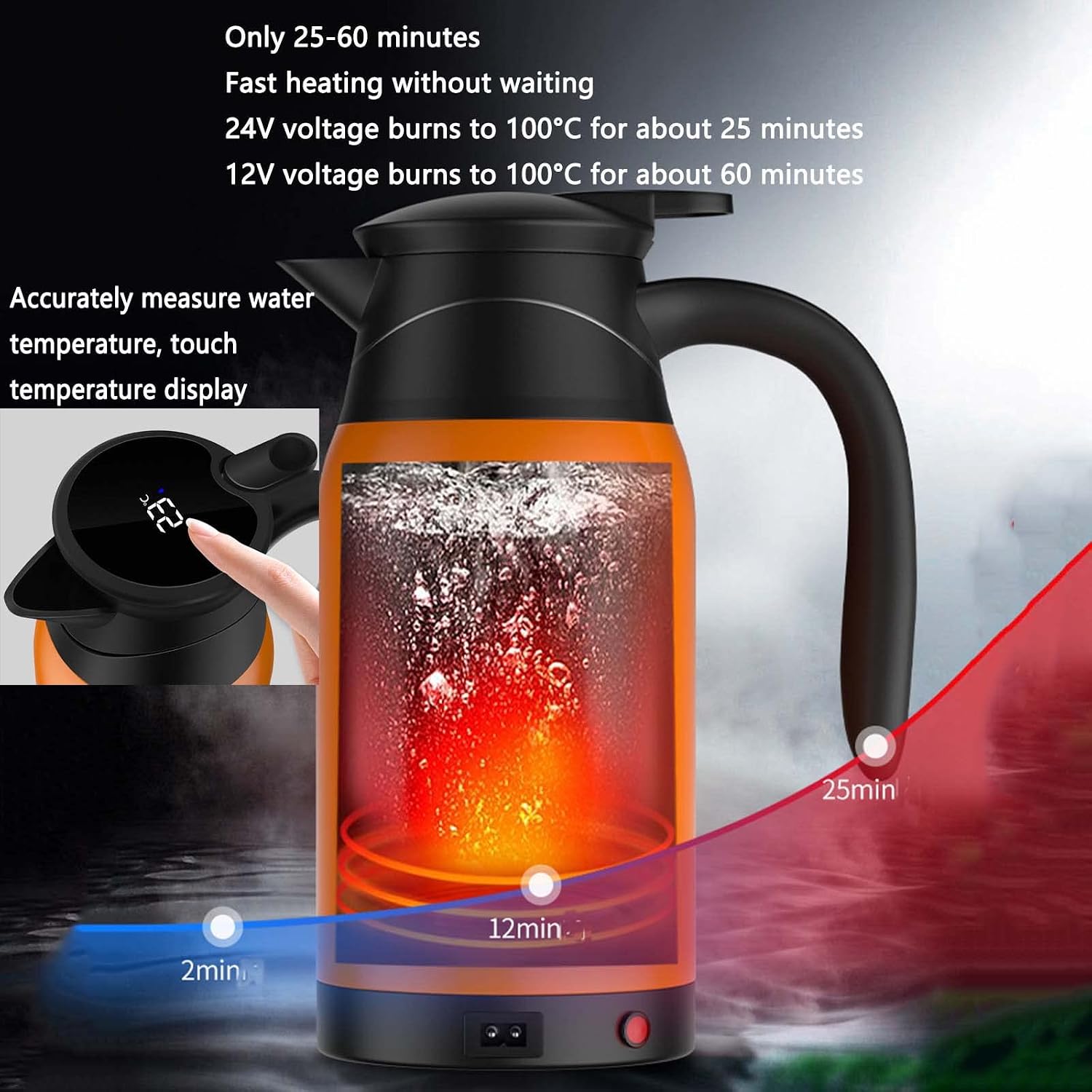 Electric Camping Kettle - 1000ml Hot Water Dispenser with Temperature Control, Anti-Scald Handle, Silicone Leakproof Design for 12V/24V Outdoor Car Use.