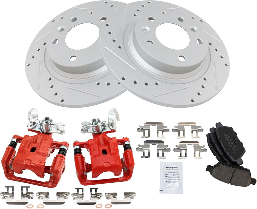 TRQ Performance Rear Brake Pad & Rotor Set Ceramic Coated Drilled Slotted Rotors Calipers Compatible with 06-12 Ford Fusion 2006 Lincoln Zephyr 07-12 Lincoln MKZ 06-13 Mazda 6 06-11 Mercury Milan