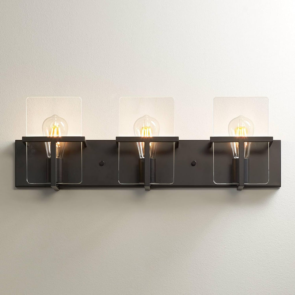 Possini Euro Design Trezza Modern Industrial Wall Mount Light Matte Black Hardwired 24' 3-Light Fixture Clear Glass Flat Panels for Bathroom Vanity Mirror House Home Living Room Hallway Decor